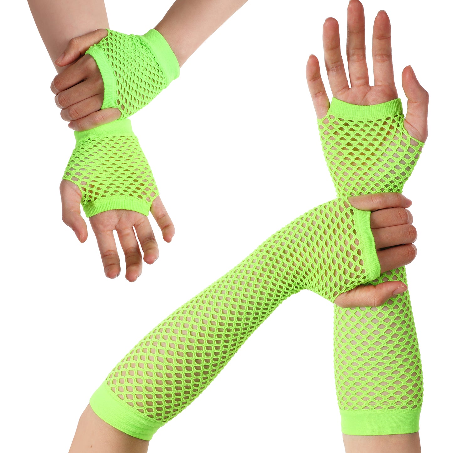 LXUEJIE 2 Pairs Fishnet Gloves Fingerless for Women, 80s Fishnets Fingerless Gloves for Goth Halloween Party Costume Cosplay(Green)