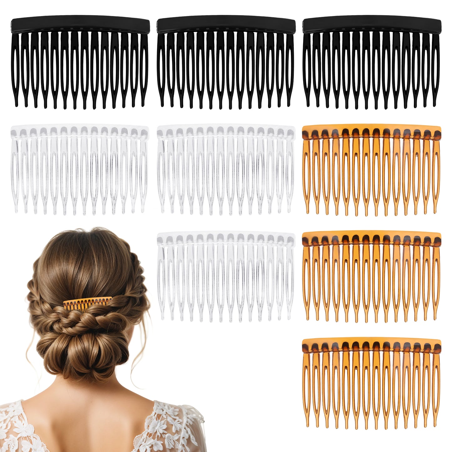 BOHUIZ 9 Pcs 14 Teeth Hair Side Comb Transparent Twist French Vintage Style Hair Clips Pins Accessories for Women Girls Bridal Wedding Veil Fine Hair, Wide (Black, Transparent, Light Coffee)
