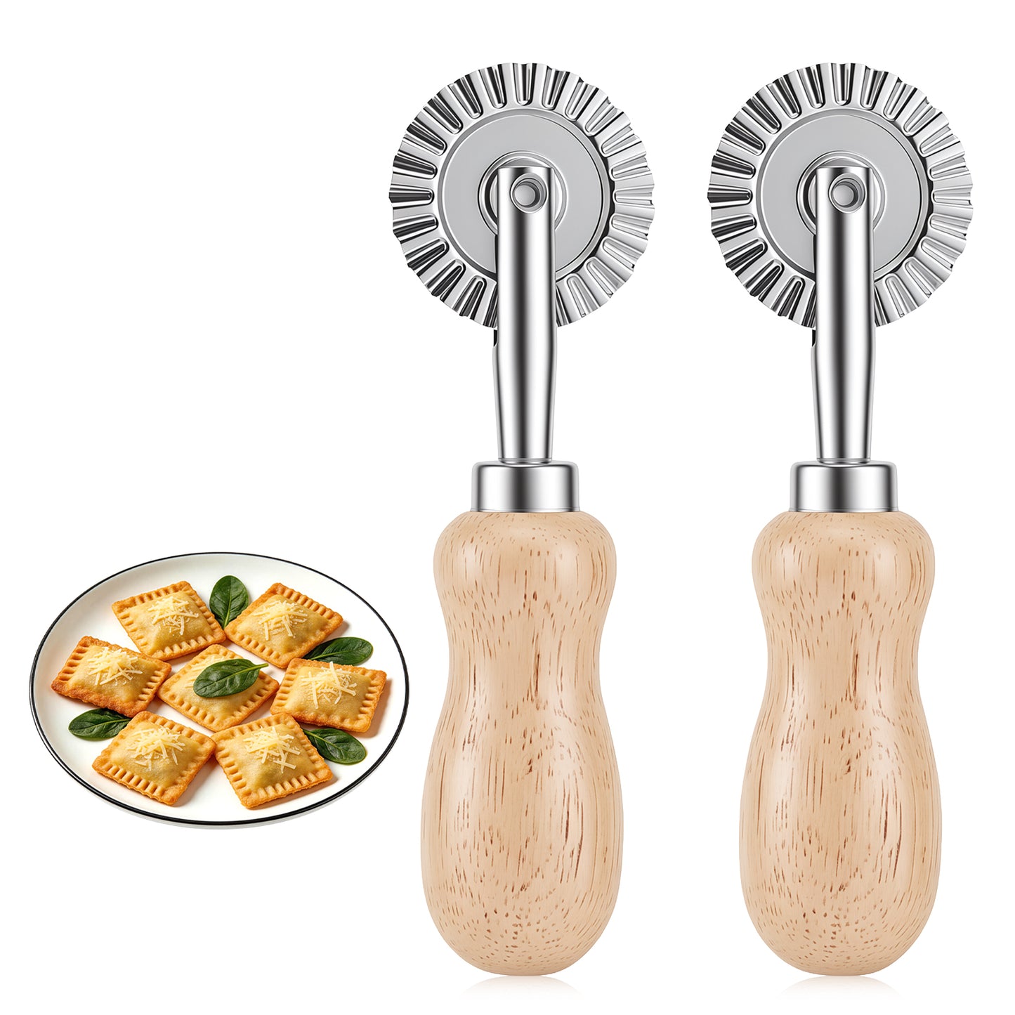 SULIKJHUI 2 Pcs Ravioli Cutter Wheel, Pasta Cutter with Wood Handle, Professional Tool for Making Ravioli, Dumplings, Noodles & Pastry, Stainless Steel Blade for Smooth Cutting