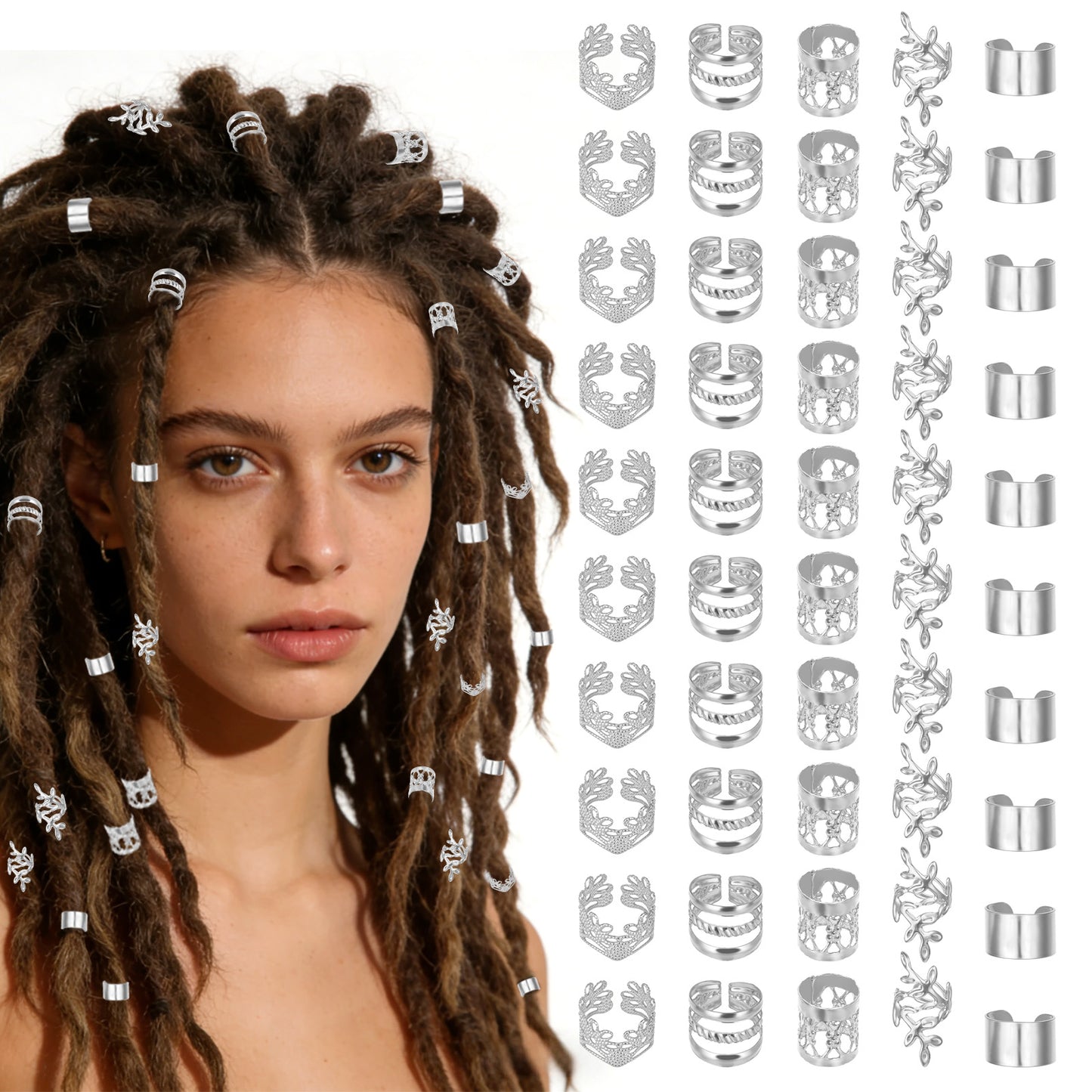 LIQWEI Gold Hair Cuffs, Gold Hair Jewelry for Braids, Hairs Jewelry for Dreadlock Clips, Christmas Hairing Charms for Hairs Braids, Loc Dreadlock Accessories(Silver)