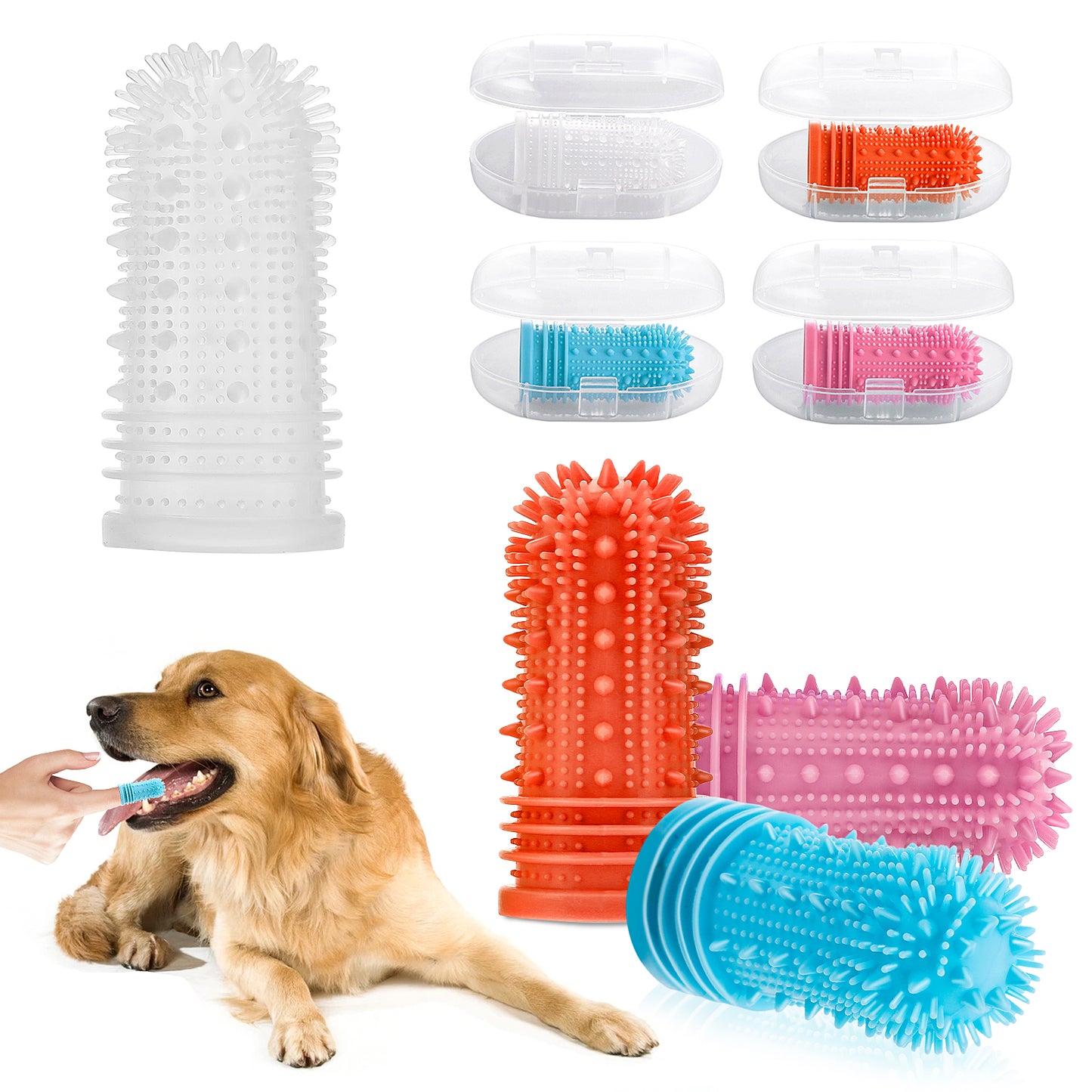 Molain Dog Toothbrush- Enhanced Version 360º Full Surround Silicone Bristles Toothbrushes Easy Teeth Clean for Cat and Dog, Teeth Clean Two-Times More Effective (Blue+Pink+White+Orange, 4Pcs)