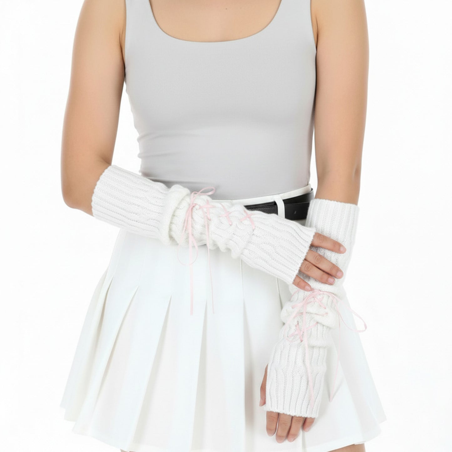 XLIUAX Cute Knitted Arm Warmers for Women, Lace Up Bow Fingerless Gloves Japanese Style Long Fingerless Gloves Stretchy Cold Weather Arm Covers with Thumb Hole Lotila Accessories(White)