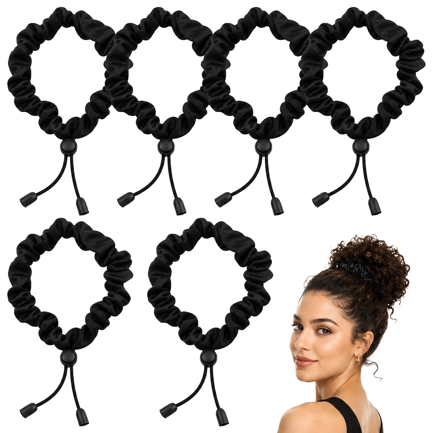 HJZHII 6Pcs Adjustable Black Hair Ties, Black Adjust Satin Hair Tie Satin Scrunchies Elastic Satins Headband for Women Girls Afro Puff Thick Curly Hairs Adjustable Loc Accessories for Blacks Women