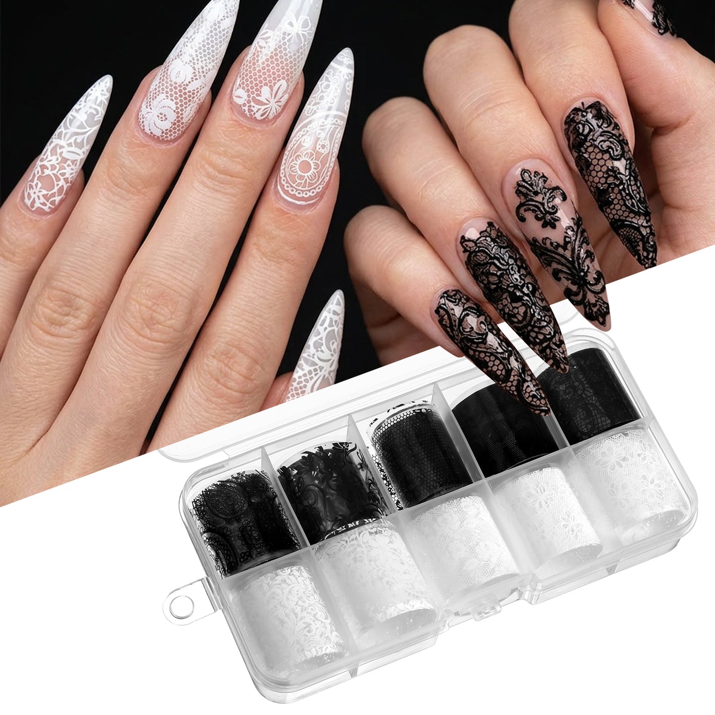 JJUNW 10 Rolls Nail Foil Transfer Sheets, Lace Nail Foil White and Black Nails Transfer Foil Flower Designs Art Sticker Decals for DIY Acrylic Nails Manicure Wrap Decoration Supply