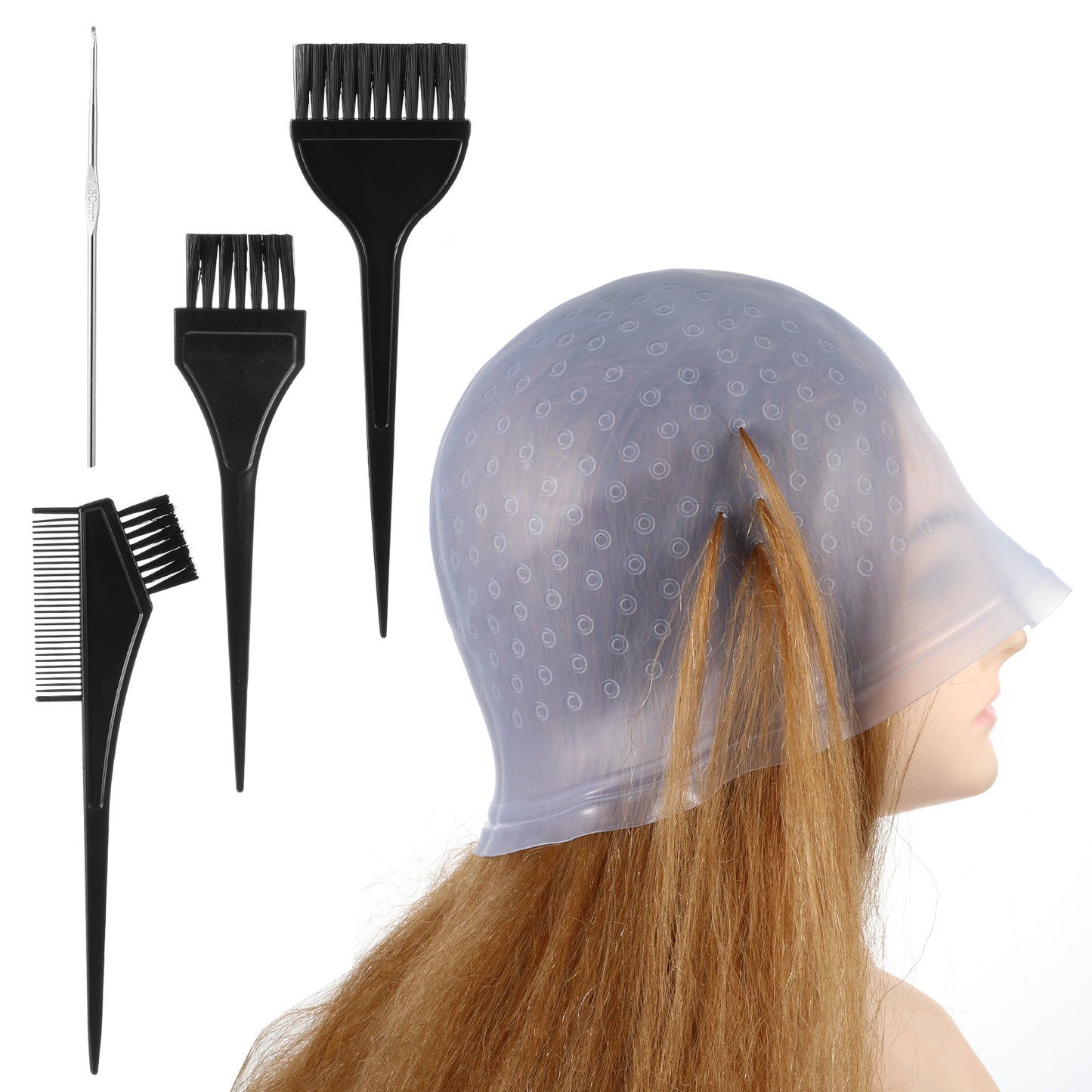 SHENLIU Punched Silicone Highlight Hair Cap with Needle Brushes Set,Reusable Highlighting Poked Hole Hooks for Salon Color Hairdressing Dyeing Staining Tools for Women Men(White)(Blue)