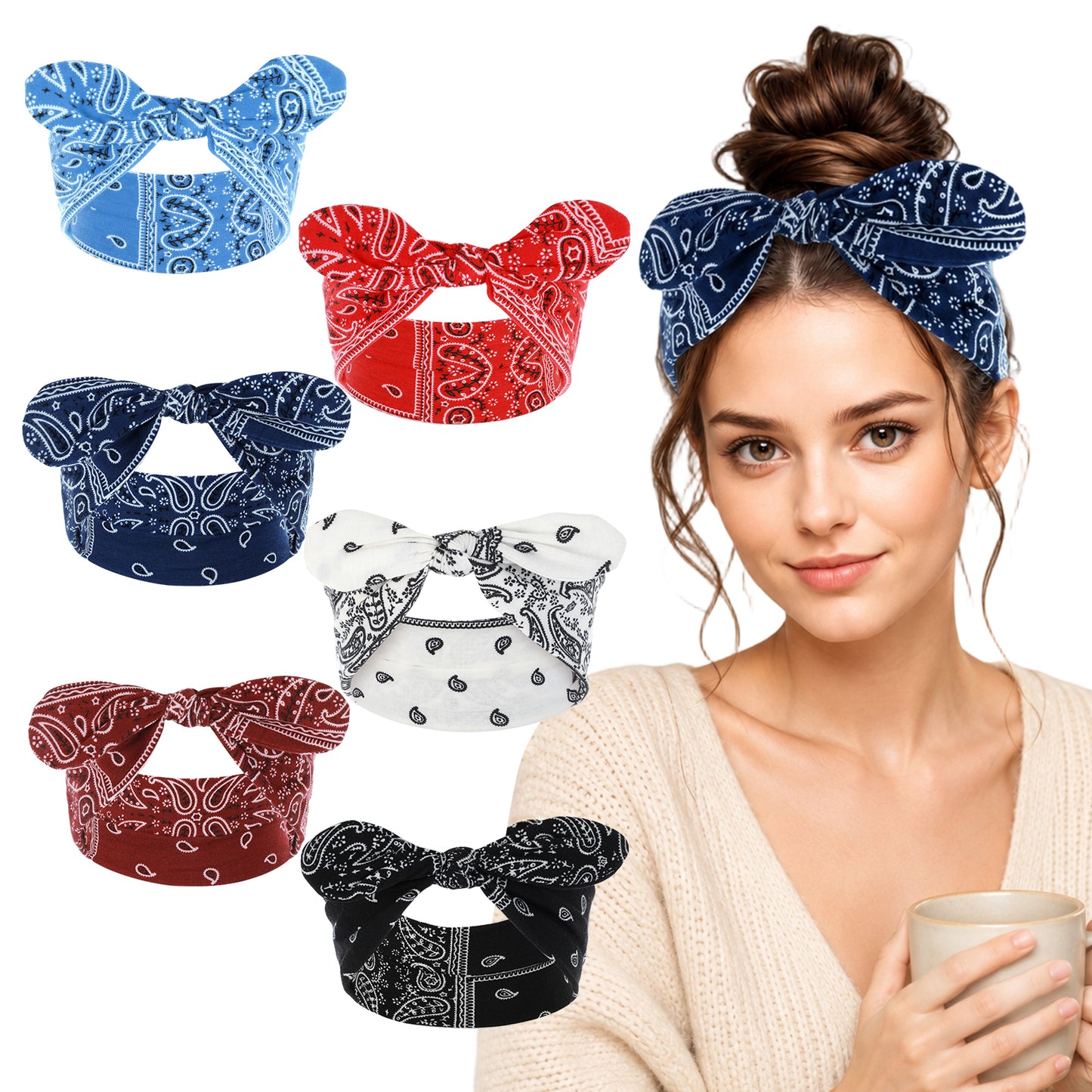 6 Pcs Bow Headbands for Women, Boho Bownot Hair Bands Rabbit Ear Headband