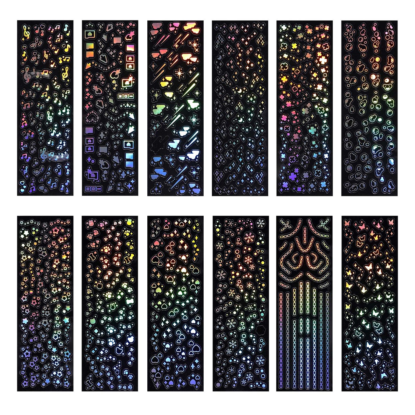 AOZUO 24 Sheets Kpop Holographic Stickers, Korean Photocard Stickers Self Adhesive Clear Glitter Stickers Star Moon Butterfly Decals for DIY Album Scrapbook Journal Planner Notebook Deco Stickers