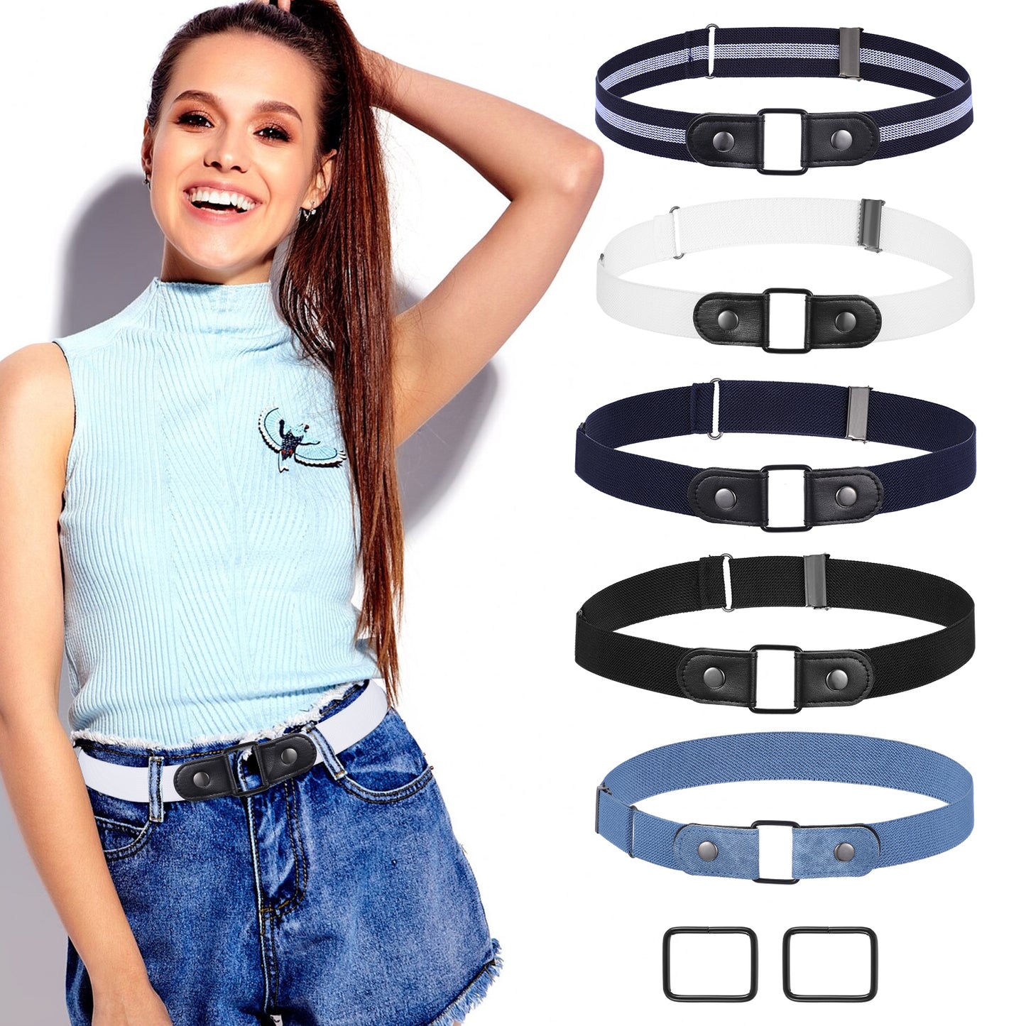 DOPENSPI 5PCS No Buckle Stretch Belts for Women, Buckle-Free Elastic Belts with 2PCS Square Ring Invisible Elastic Belt Buckleless Waist Belt Fashion Waist Tightener for Women Men Jeans Pants Dress