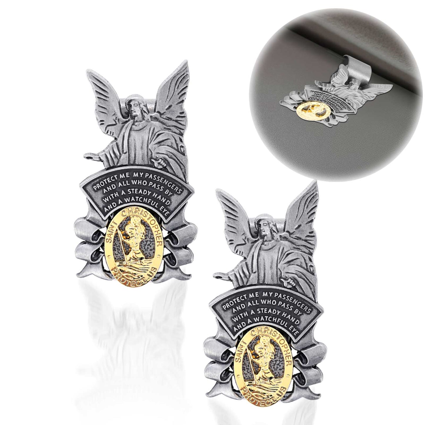 XLIUAX Guardian Angel Car Visor Clip, St Christopher Medal for Car Religious Sun Bless Driving Safety New Gift for Travel Protection Family, Friends, Colleague(2pcs, Silver)