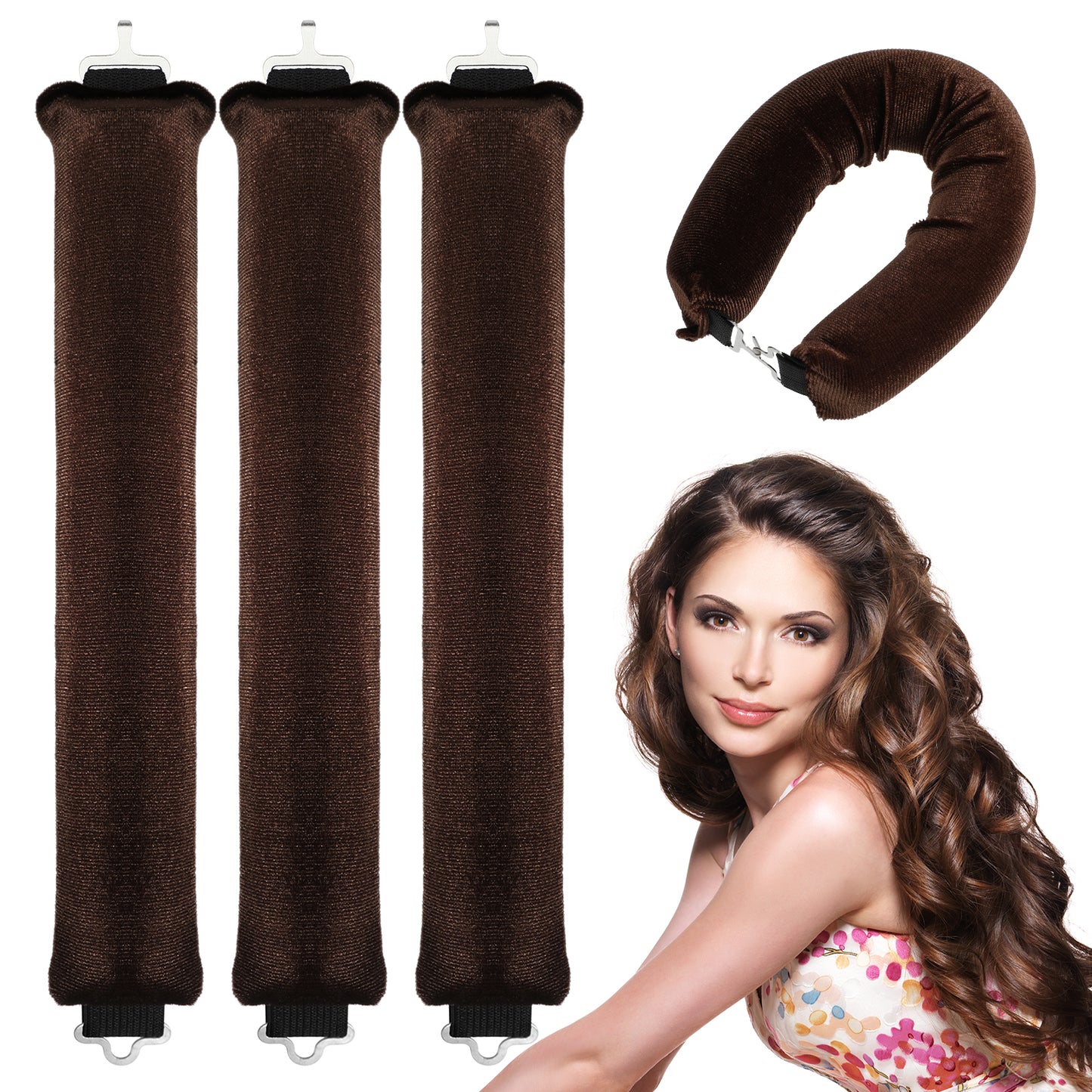 Yuanchu Pack of 3 Heat-Free Curlers, Curls Without Heat, Brown, Heatless Curls Band Curlers Overnight with Hooks, Heatless Curling Iron for All Hair Types, DIY Heatless Curls Band Hairstyle Set