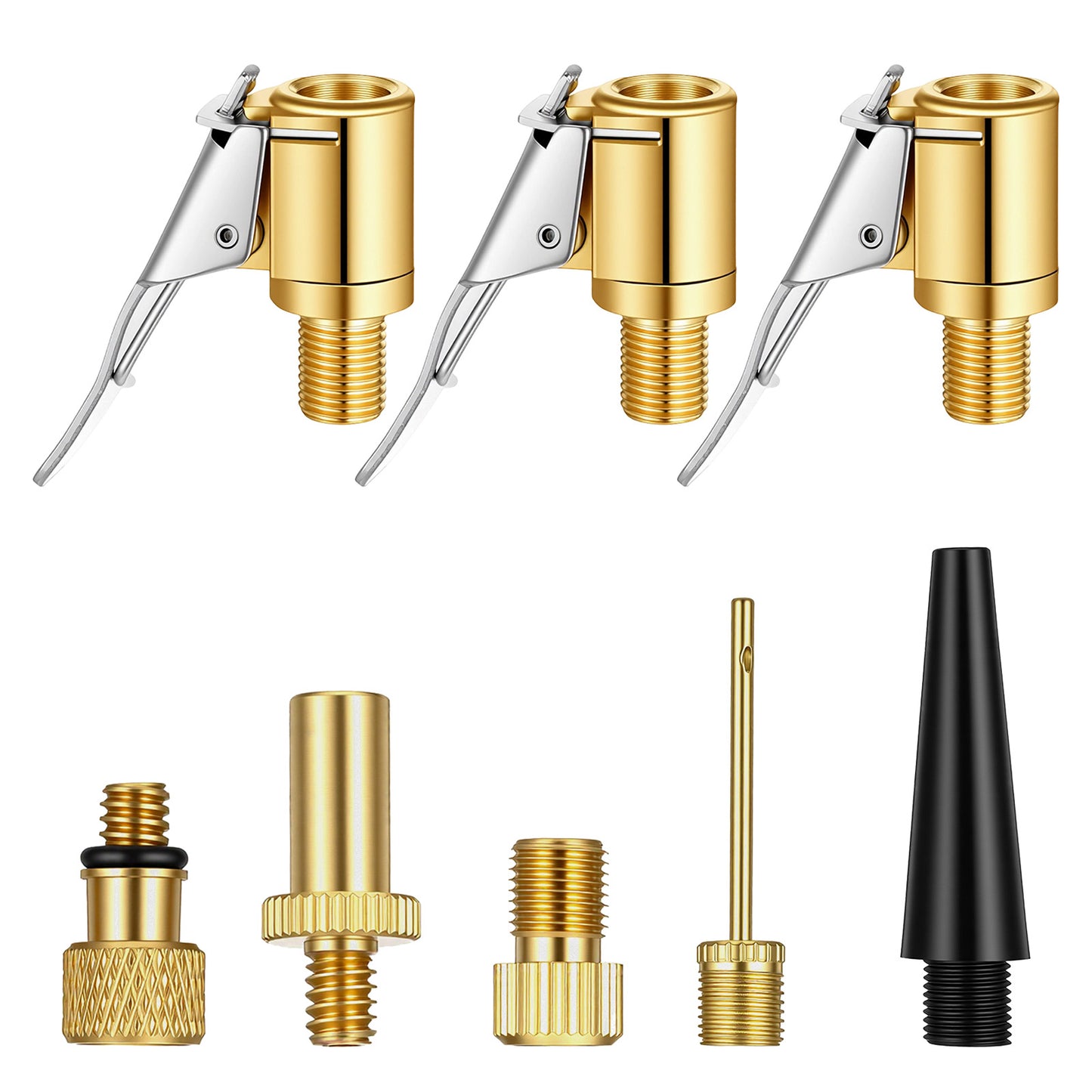 DOPENSPI 8PCS Tire Air Chuck with Clip Adapter Set, Brass Locking Tire Inflator Nozzle Adapter Connect Ball Pump Needle Kit Air Pump Nozzle Adapters Kit No Leakage AirPump Nozzles Set