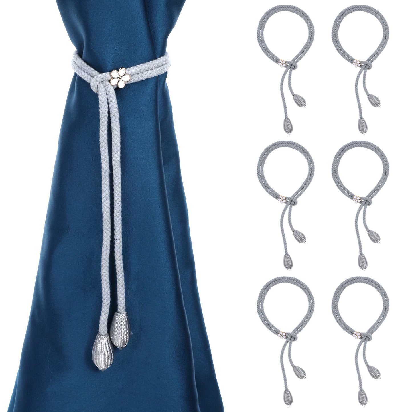 DOPENSPI Curtain Tiebacks, 6 Pcs Hand-Knitted Curtain Tie Backs Boho Style Curtains Tiebacks Curtains Rope Buckle Tie Backs for Living Room Bedroom Home Office Window Decor(Grey)