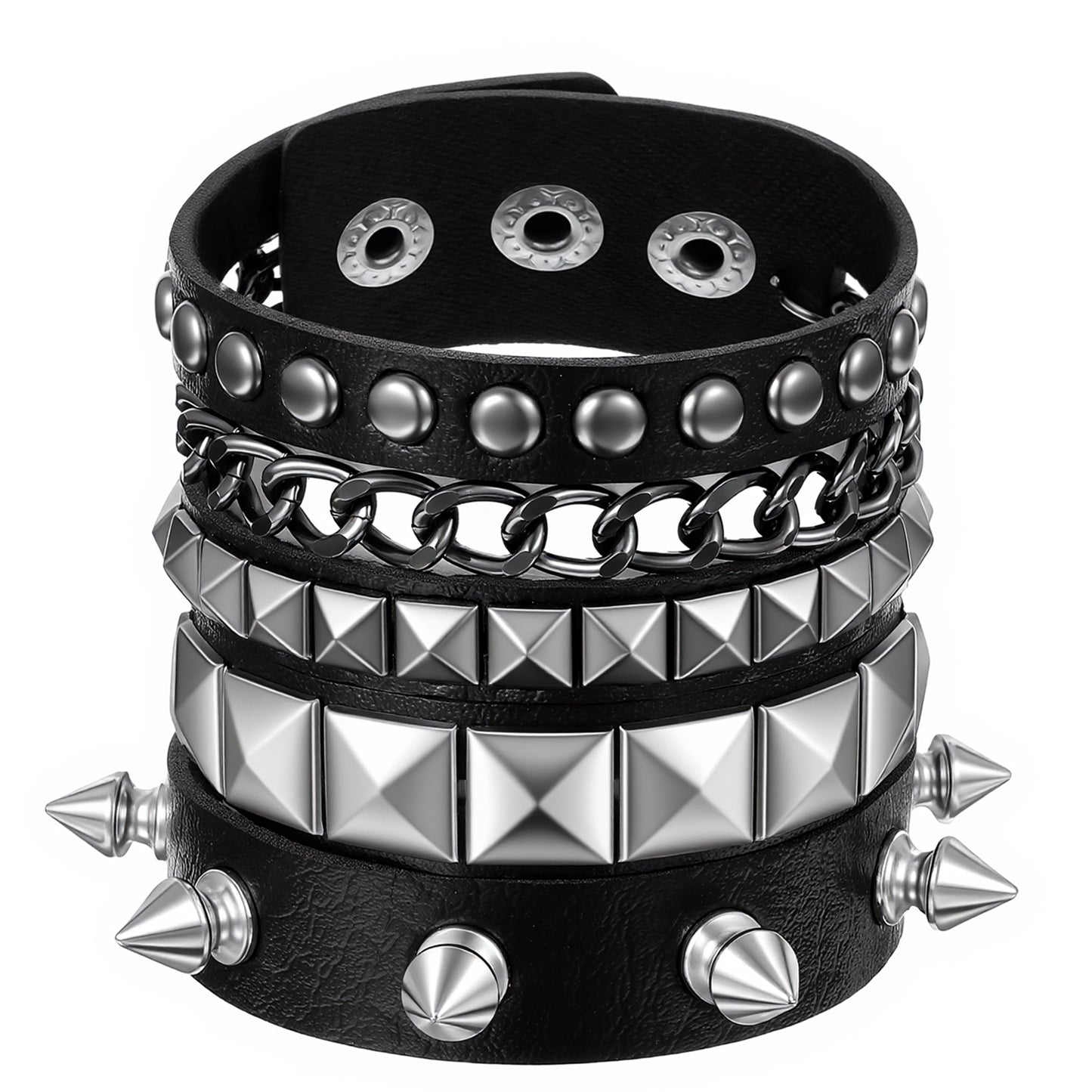TIESOME 3 PCS Punk Rock Studded Bracelets Set, Spiked Leather Cuff Bracelets for Women Men 80s Emo Goth Jewelry Wristband Accessories Adjustable Wrap Wrist Cuffs for Halloween Party Favors