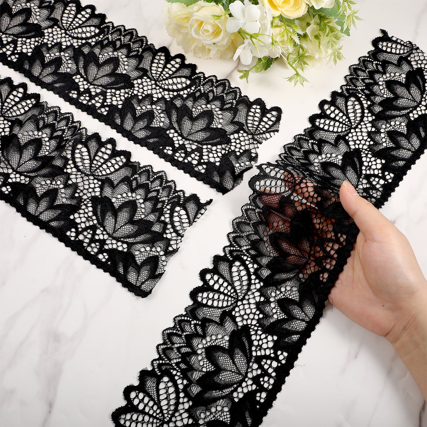 WJIAAA Black Lace Trim,5 Yards Stretch Lace Trim Floral Pattern Stretchy Fabric for Wedding Dress Bridal Decorations Sewing Crafts DIY Projects