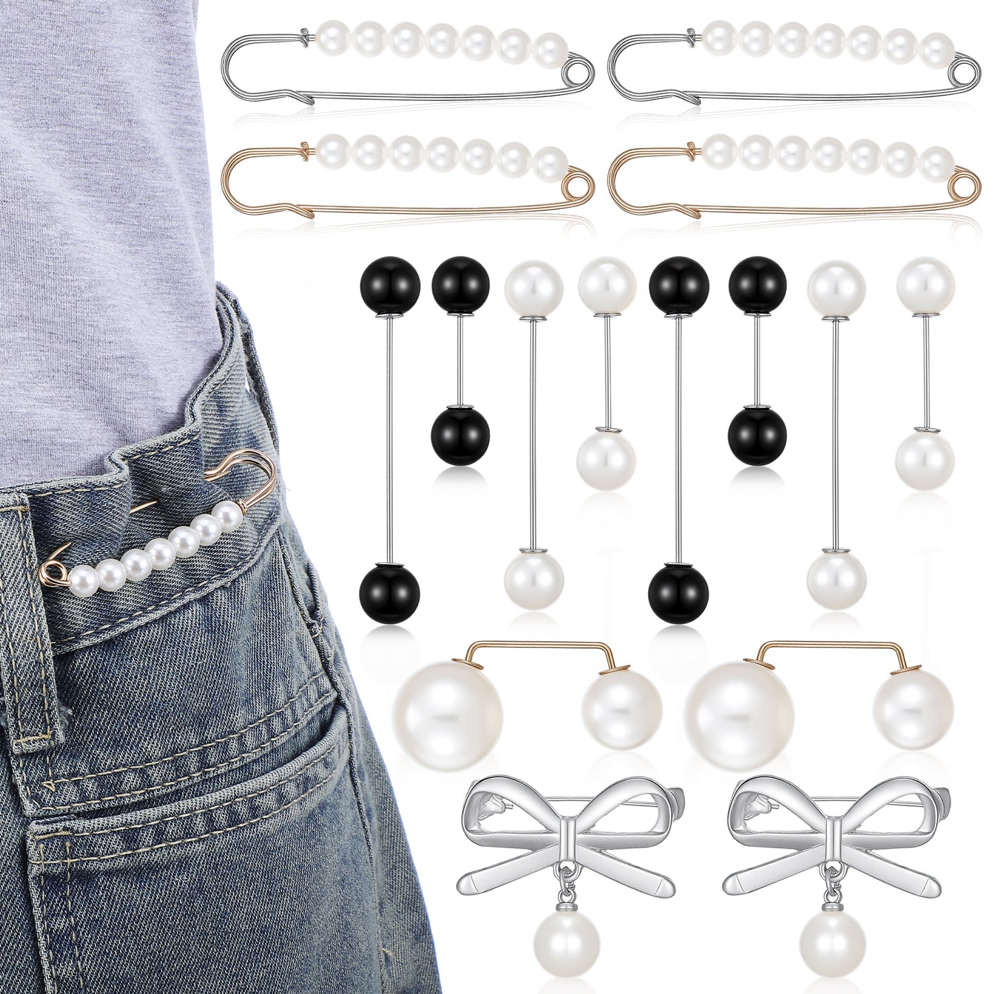 DOPENSPI 16 Pcs Pearl Brooch Pins Set, Decorative Safety Pins for Clothing Sweater Shawl Hat Clips White Pearl Collar Clips for Cardigan Dress Sweater