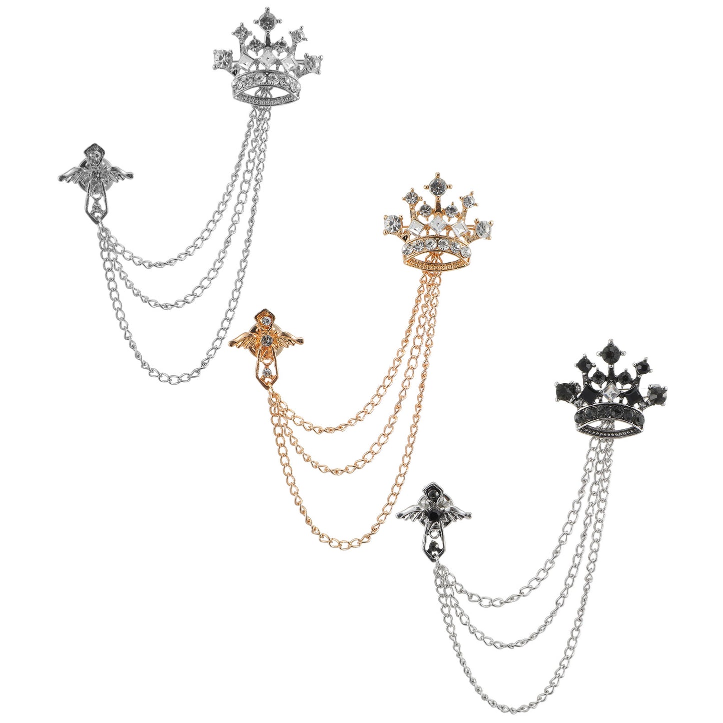 GEEHUA 3PCS Rhinestone Lapel Pins for Men Women, Gold Silver Black Brooches Pins with Tassel Chain Crystal Crown Wing Brooch Suit Accessories Collar Pin for Formal Wear