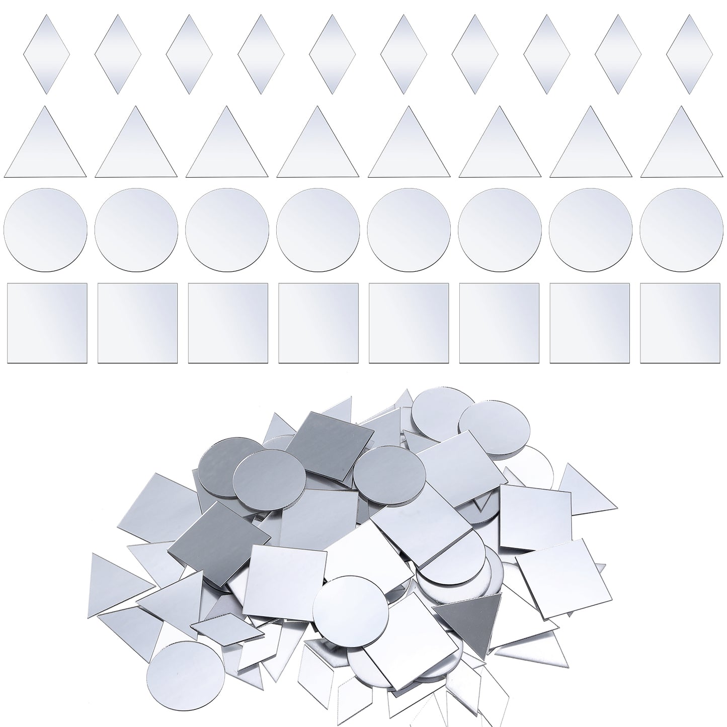 Yuanchu 120Pcs Small Mirrors for Crafts, 4 Shapes Mini Mirror Pieces for Crafts Self Adhesive DIY Mirror Mosaic Tiles Triangle Square Round Rhombu Diamond Craft Mirror for Home Wall Art Disco Balls