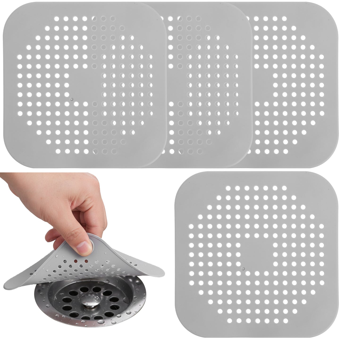 TIESOME 4 Pack Silicone Shower Drain Cover, Square Drain Hair Catcher, Flat Silicone Plug with Suction Cups for Bathroom, Bathtub and Kitchen, Filter Strainer Shower Protection (Gray)
