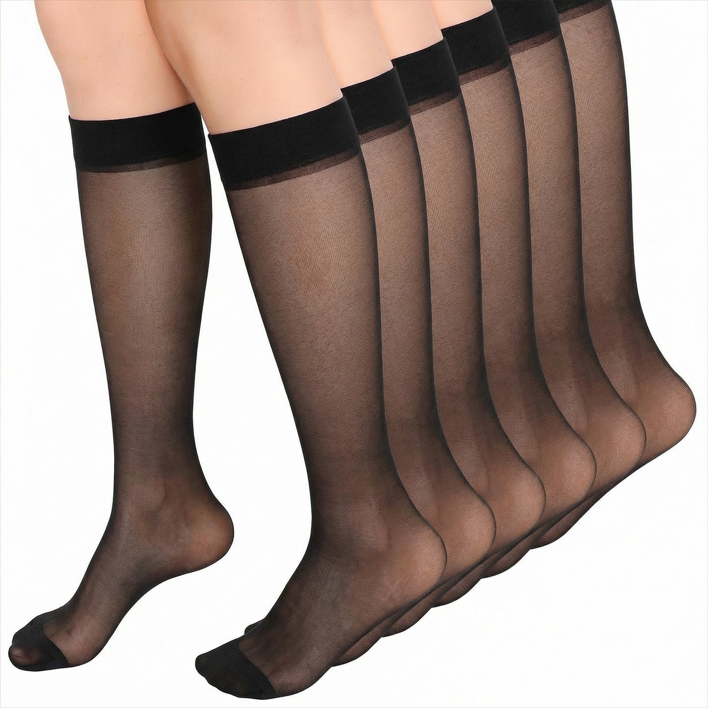JJUNW 6 Pairs Knee High Stockings for Women, 15 Denier Sheer Nylon Socks Knee Highs Trouser Socks (Black)