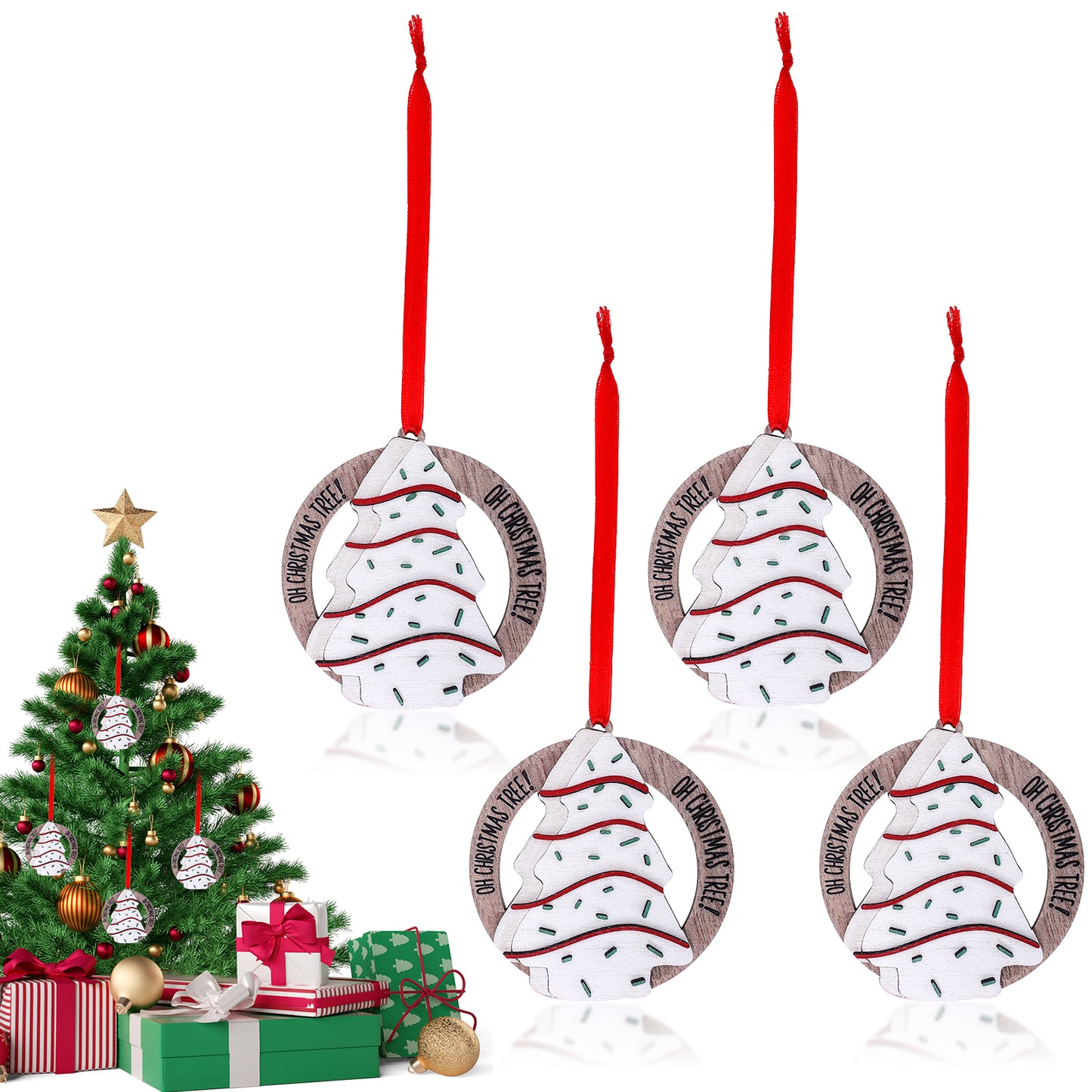 GEEHUA 4 Pcs Christmas Tree Hanging Ornaments - OH Christmas Tree!, Wood Snack Cake Xmas Tree Hanging Signs with Rope Funny Christmas Tree Decorations for Holiday Wedding Party Supplies Gifts