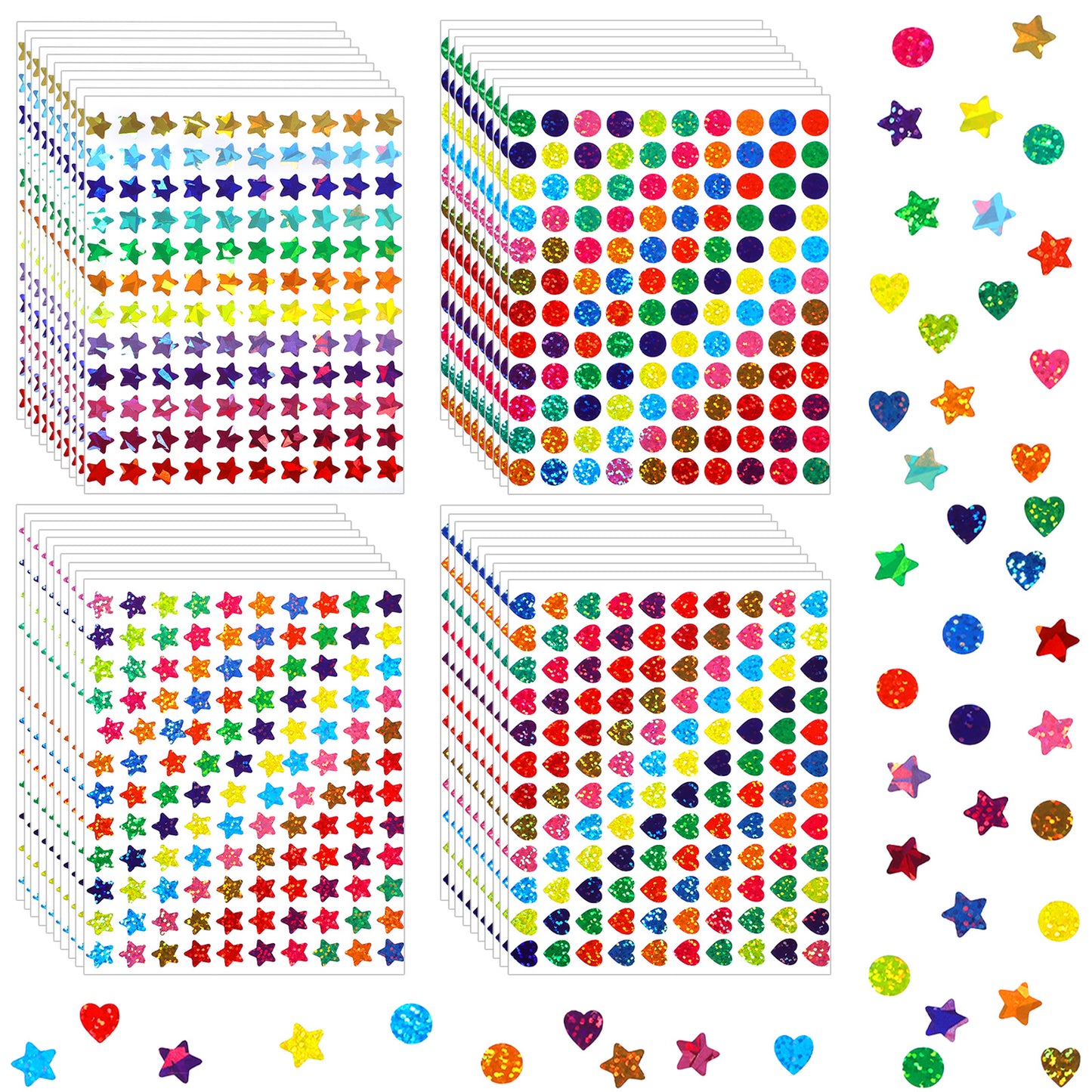 XLIUAX 4800 PCS Glitter Small Stickers for Kids, Holographic Rainbow Stickers with Heart Star and Round Shapes Colorful Reward Stickers for Student Teacher Supplies DIY Chart Calendar, 40 Sheet