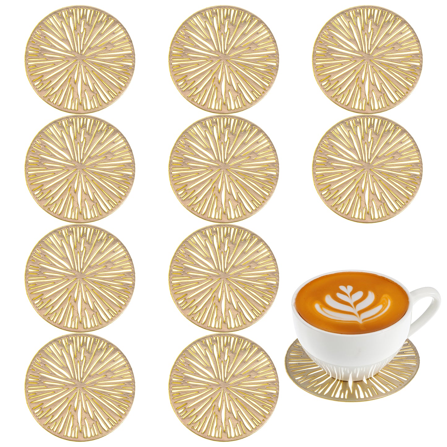 Molain Stylish Gold Coasters Set of 10, Gold Round Non-Slip PVC Drink Coasters for Home Bar Reusable Cup Coasters for Hot and Cold Beverages Outdoor Coasters for Patio Garden Table Decor
