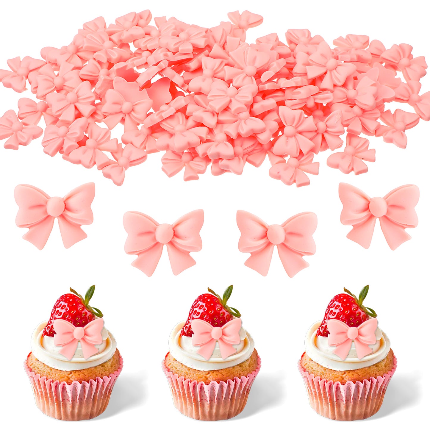TIESOME 100Pcs Pink Bow Cupcake Toppers, Resin Bowknot Cake Decorations for Birthday Parties Bridal Engagements Wedding