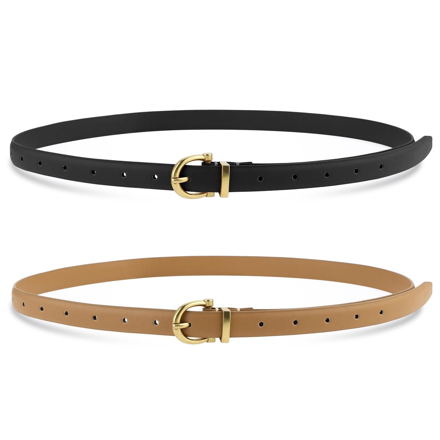 Andibro 2 Pcs Womens Skinny Leather Belt, Adjustable Thin Waist Belt with Gold Buckle Fashion Belts for Pants Jeans Dresses