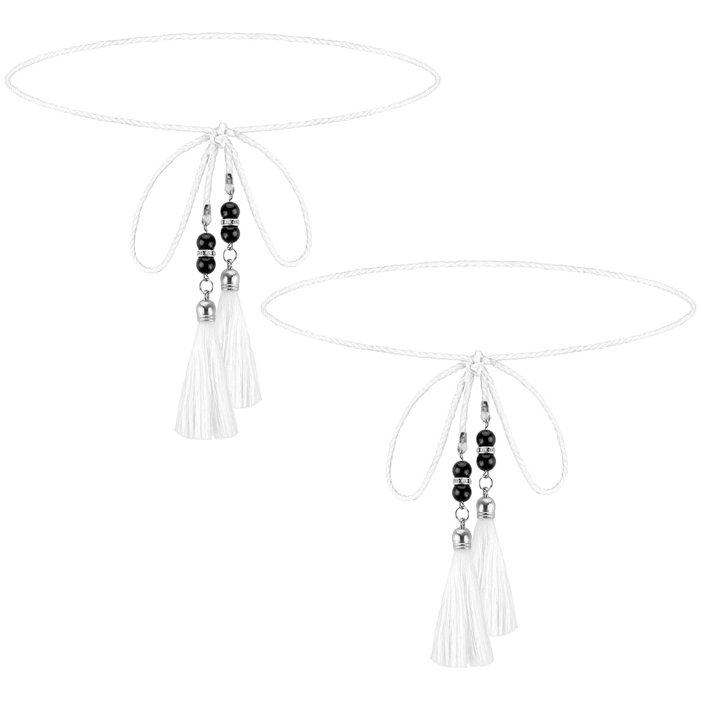 TIESOME 2PCS Thin Tassel Braided Rope Belts, Skinny Woven Tassel Belt, Boho Thin Waist Belt Sash Belt for Skirt Dress(White)