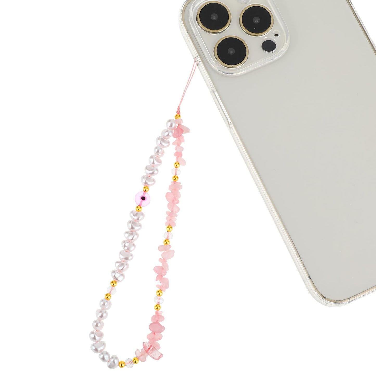 Molain Beaded Phone Lanyard, Healing Crystal Pearl Natural Stone Phone Charm Handmade Bracelet Keychain Cute Anti-lost Phone Chain Strap for Women Girls (pink)