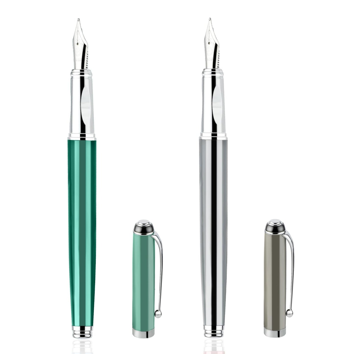 Amabro 2Pcs Metal Fountain Pen, 0.5mm Fine Point Fountain Pen Luxury Fountain Pen Calligraphy Pen Smooth Writing Business Pen with Ink Converter for Men Women School Office Writing(A)