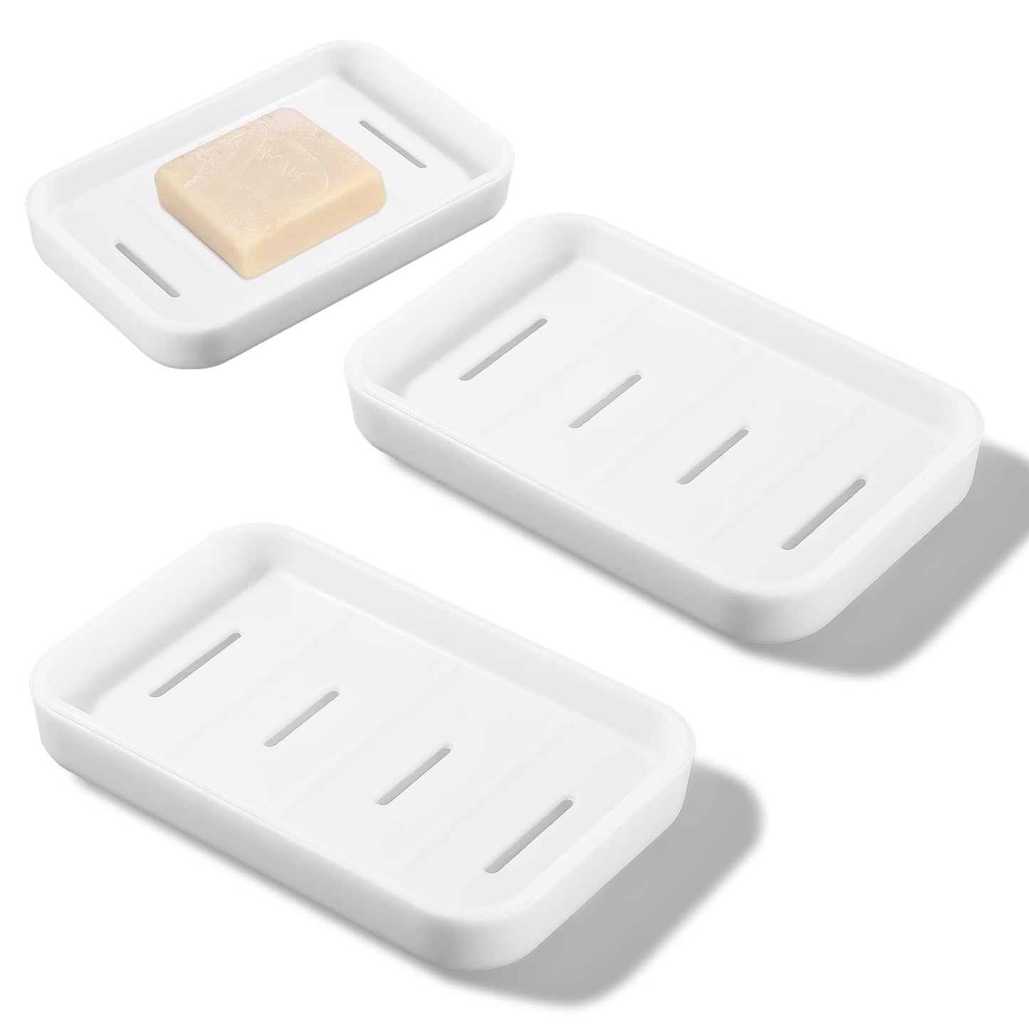 TIESOME Soap Dishes (3 Pack), White, ABS, Rectangular, Draining Soap Holder with Dishwashing Sponge Holder & Water Tray for Kitchen Bathroom