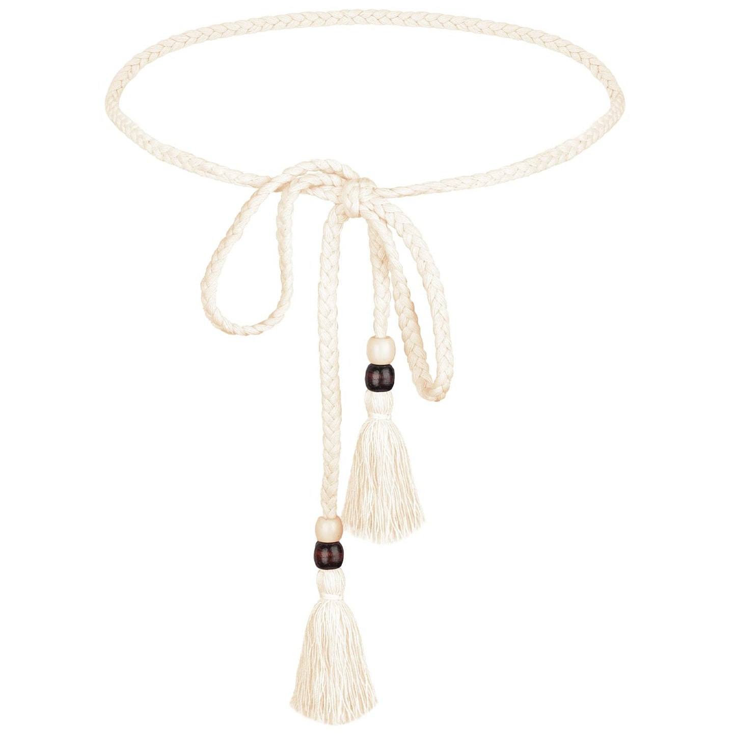 Yuanchu Women Braided Knotted Waist Belt Skinny Waist Belt Thin Tassel Dress Belt Skinny Rope Exotic Chain Tassel for Dress Skirt, White, 72.04inch