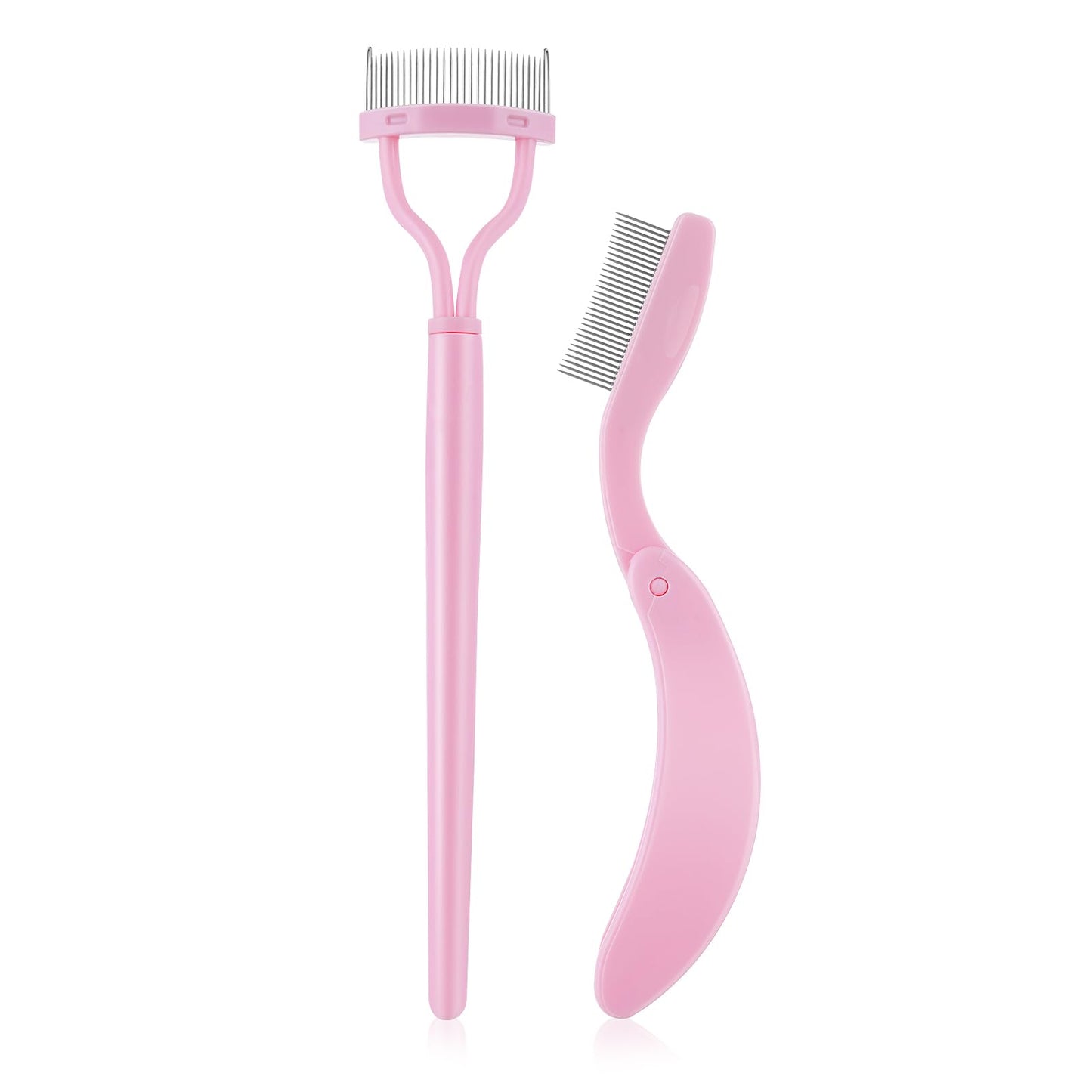 Amabro 2pcs Eyelash Combs, Metal Teeth Eyebrow Comb Arc Shaped Professional Eyelashes Mascara Separator Tool Applicator Cosmetic Brushes with Comb Cover for Define Lash Brow, Pink