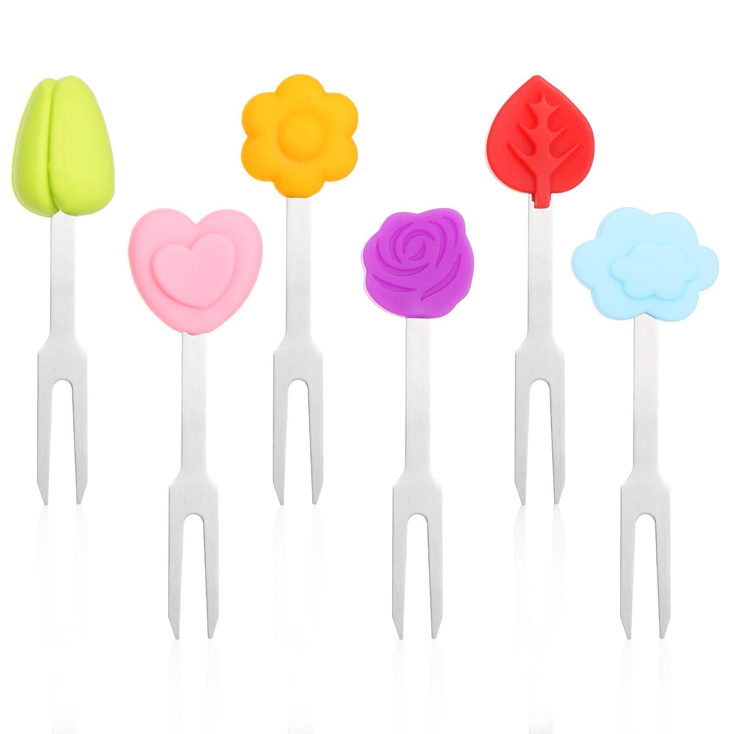 Yuanchu Children's Stainless Steel Fruit Forks, Set of 6 Mini Fruit Forks Set, Reusable Fruit Forks with Silicone Handle, Cute Dessert Forks, Cake Forks, Pastry Forks for Home, Kitchen, Cafe, Picnics