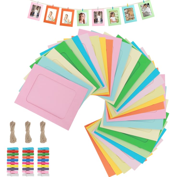 Giantree 30Pcs Paper Photo Frames, Hanging Album Frame with Clips and Hemp Ropes 6 x 4.4 inch Picture Mats DIY Creative Retro Kraft Paper Picture Mats for Home Dorm Office Wall Party Decoration