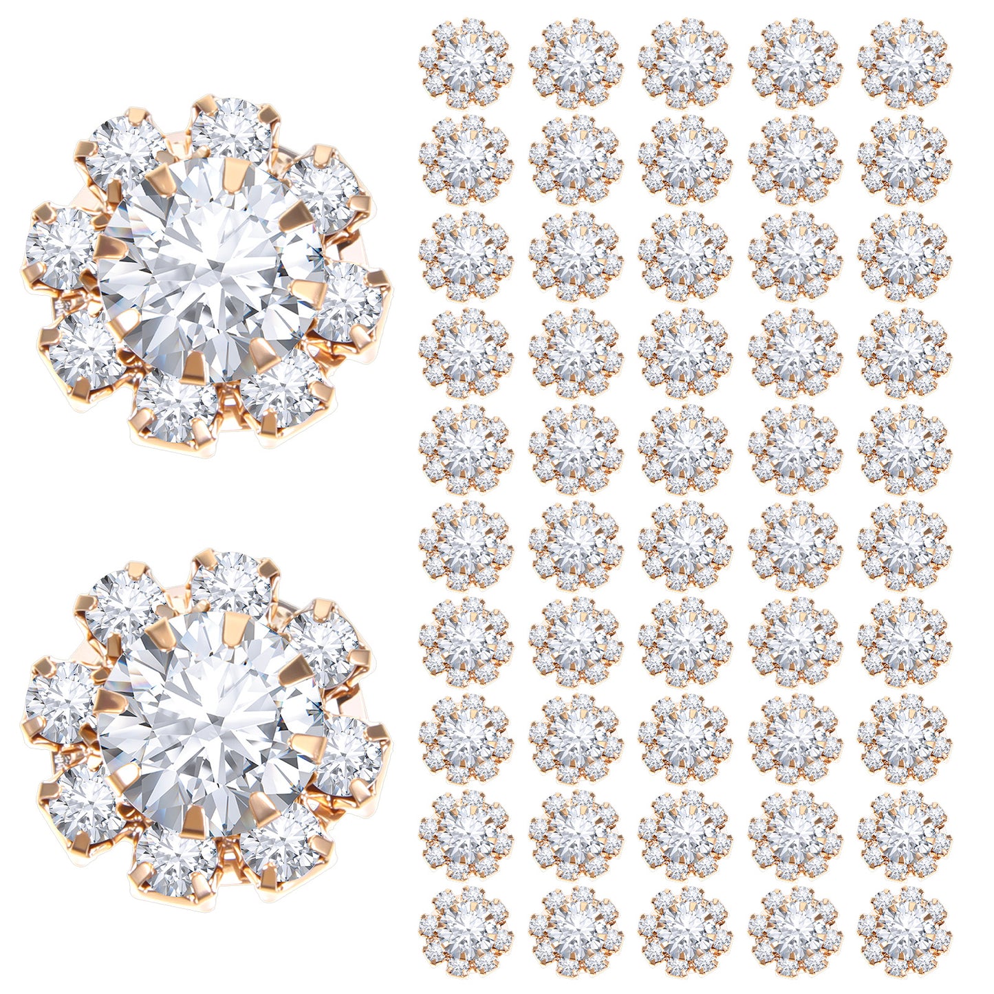 WJIAAA 50 Pcs Silver Rhinestone Embellishments, 12mm Bedazzling Flower Flat Back Rhinestone Buttons for DIY Clothing Crafts Jewelry(Gold)