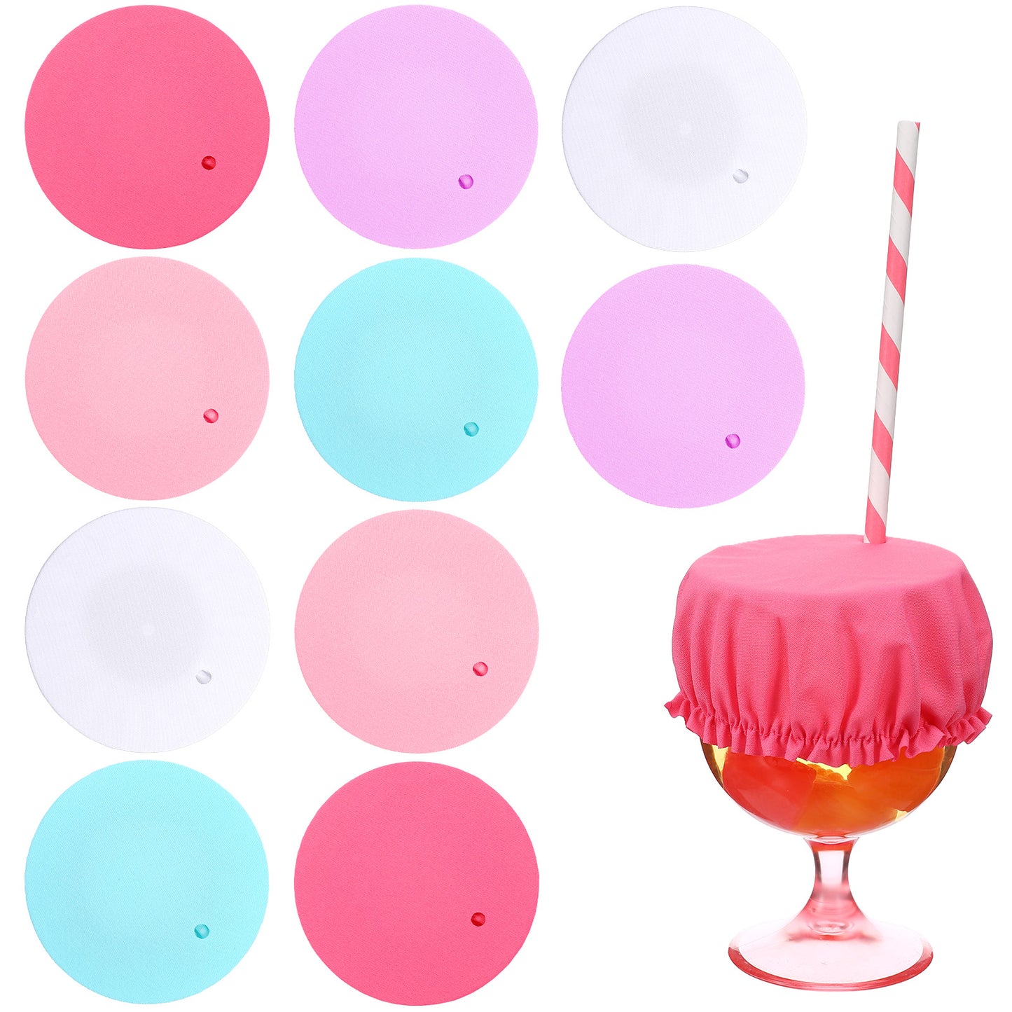 DOPENSPI 10PCS Drink Cover Scrunchie with Straw Hole, Reusable Drink Cover for Alcohol Protection Washable Elastic Cap Covers Universal Drinks Protector for Women Men
