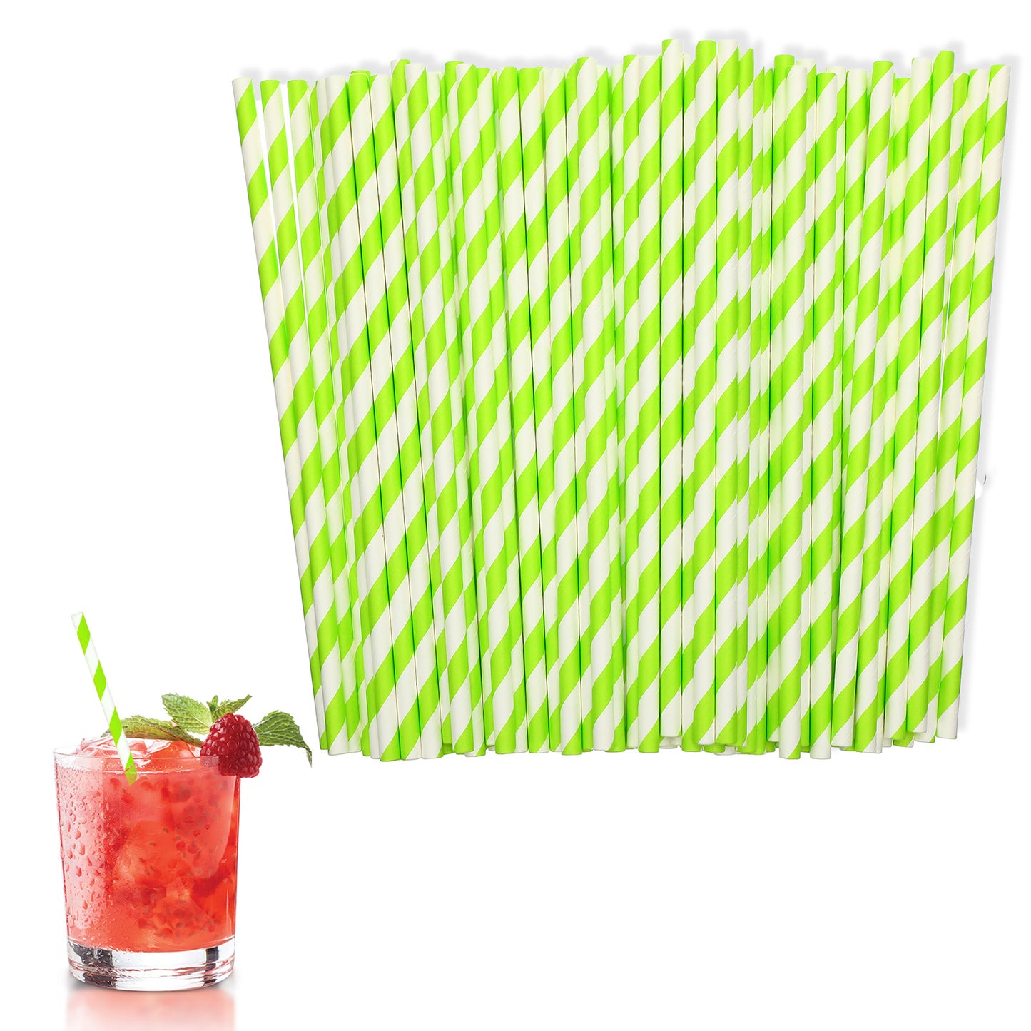YUXMU 100 Pcs Green and White Paper Striped Straws, 7.76 inch Disposable Drinking Straw Spritz Straws Decor for Party Bridal Shower New Year Birthday Wedding(Green)