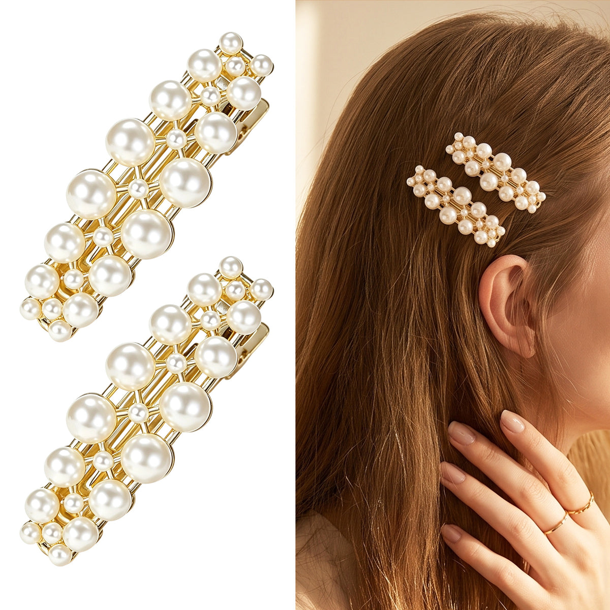 SULIKJHUI 2 Pcs Pearl Barrettes for Women, Vintage Double Row Hair Clips
