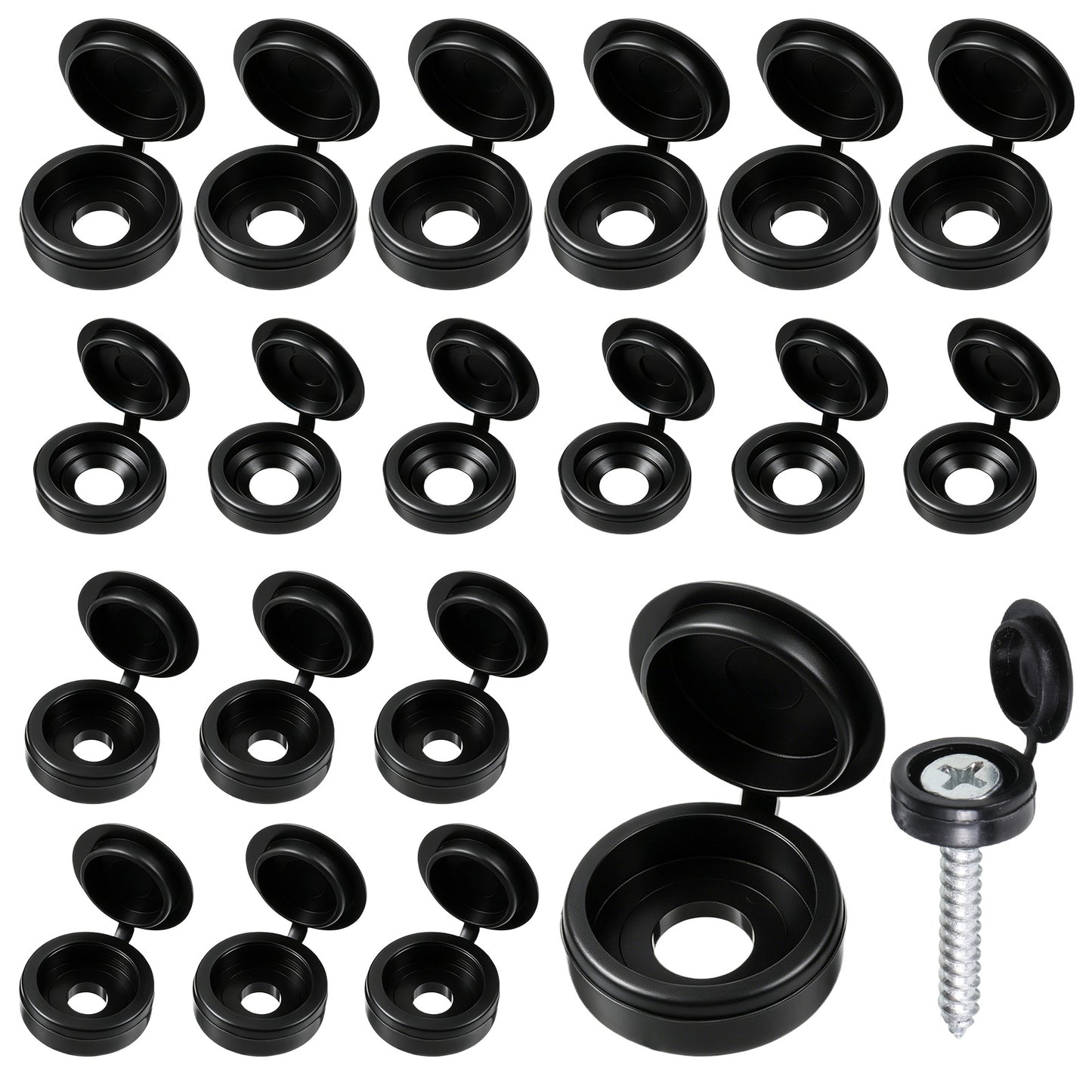 HJZHII 150 PCS Black Plastic Screw Cover Caps, Hinged Screw Cover Caps Snap-On Hinge Design Plastic Shutter Fold Screws Snap Covers Washer Flip Tops Screws Protection (3 sizes)