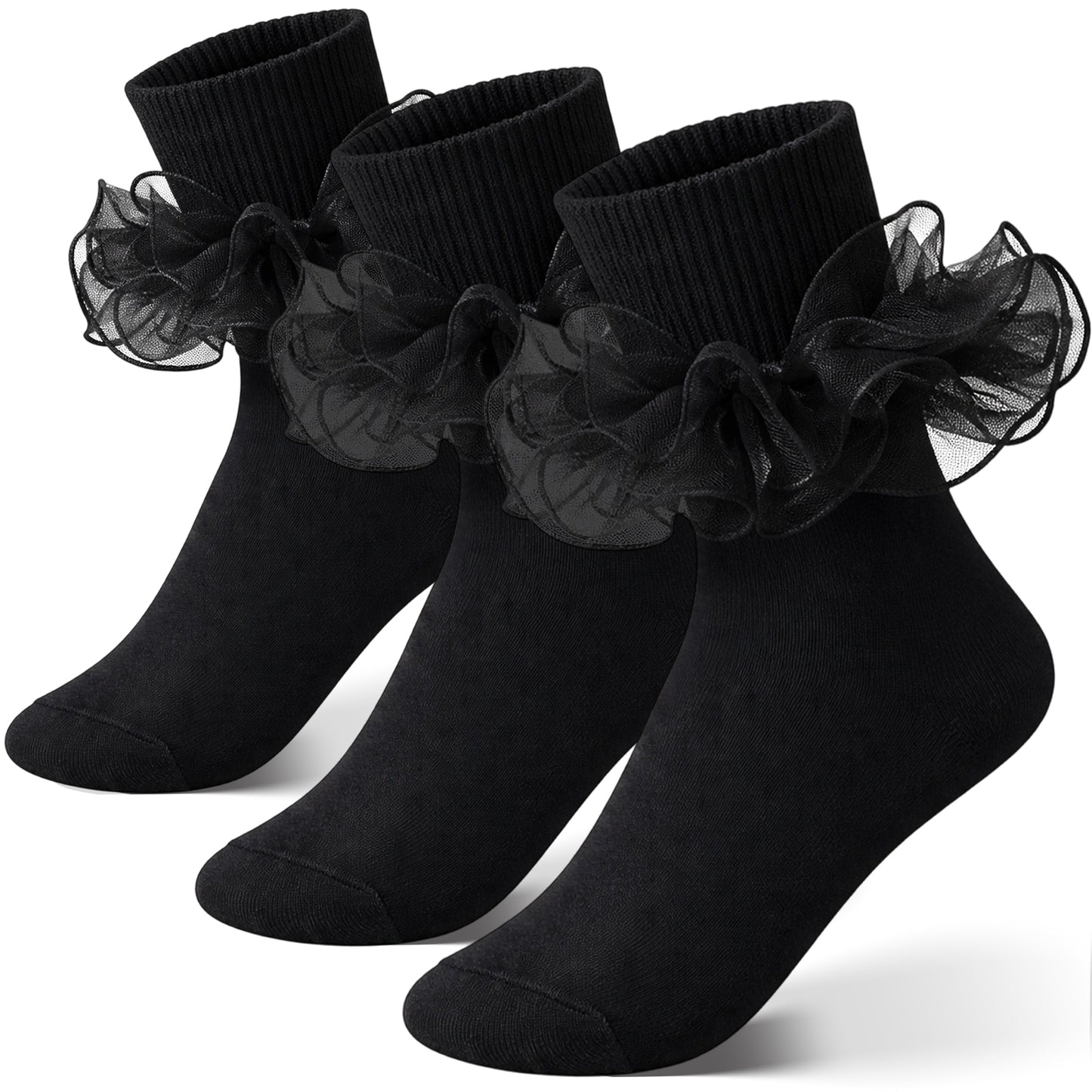 TIESOME 3Pairs Big Ruffle Socks Women, Cotton Comfort Ankle Ribbed Turn Cuff Double Lace Cute Crew Socks (Black)