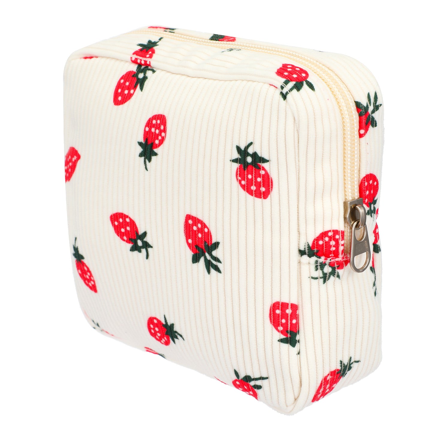 Yuanchu Small Makeup Bag, Portable Corduroy Strawberry Cosmetic Mini Pouch with Zipper, Mini Toiletry Organizer for Women, Beige