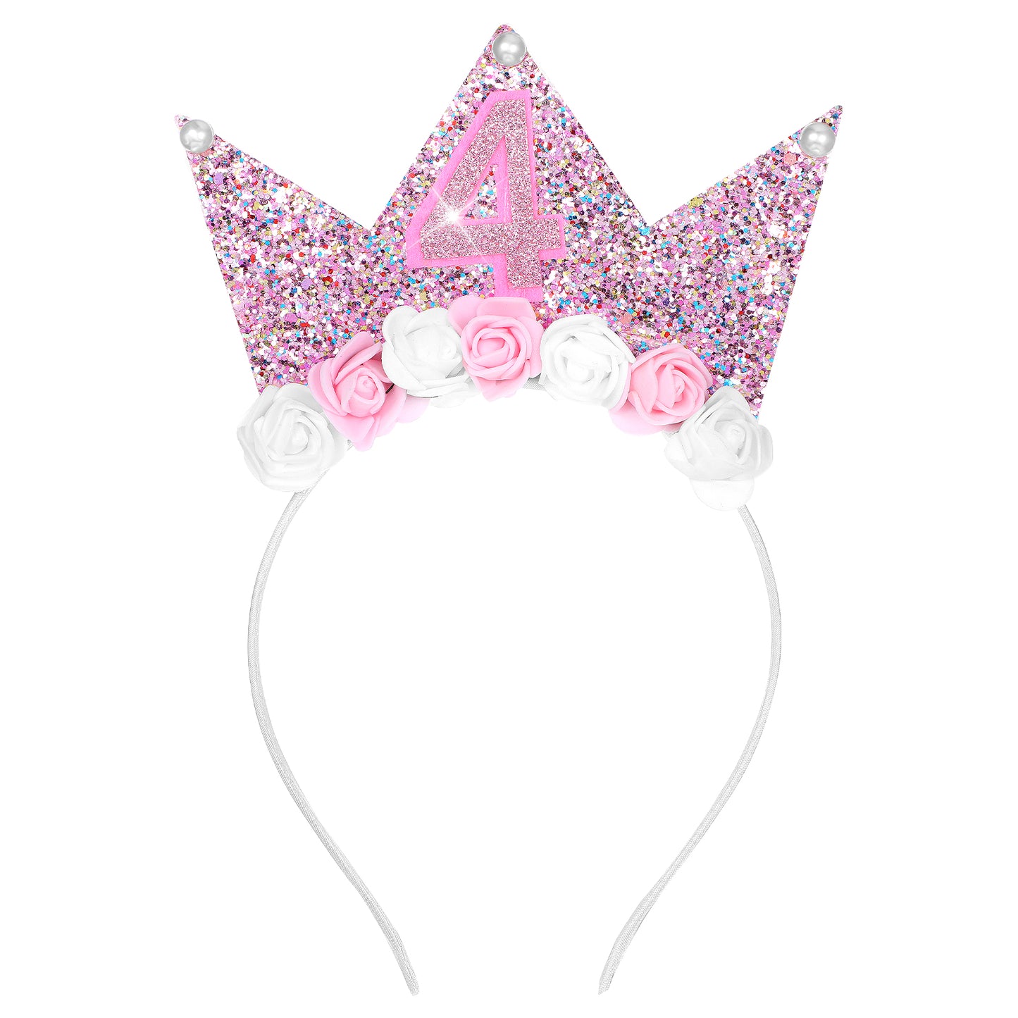 Yuanchu Birthday Glitter Crown Headband for Toddlers Girls, 4th Birthday Baby Flower Crown Princess Crown Birthday Party Decorations for Girls(4th)