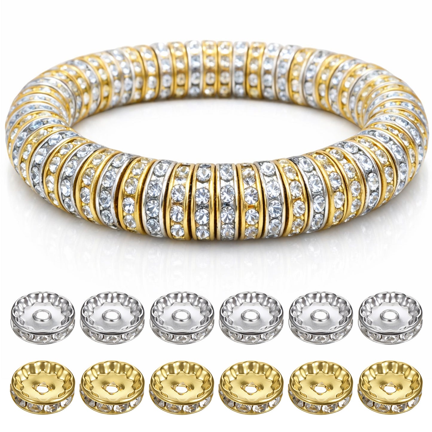 SULIKJHUI 150 Pcs Spacer Beads 12mm, Gold and Silver Spacer Beads for Bracelets, Jewelry Making, 2.5mm Hole & 3mm Height, Iron with Rhinestones (0.47 Inch Outer Diameter)