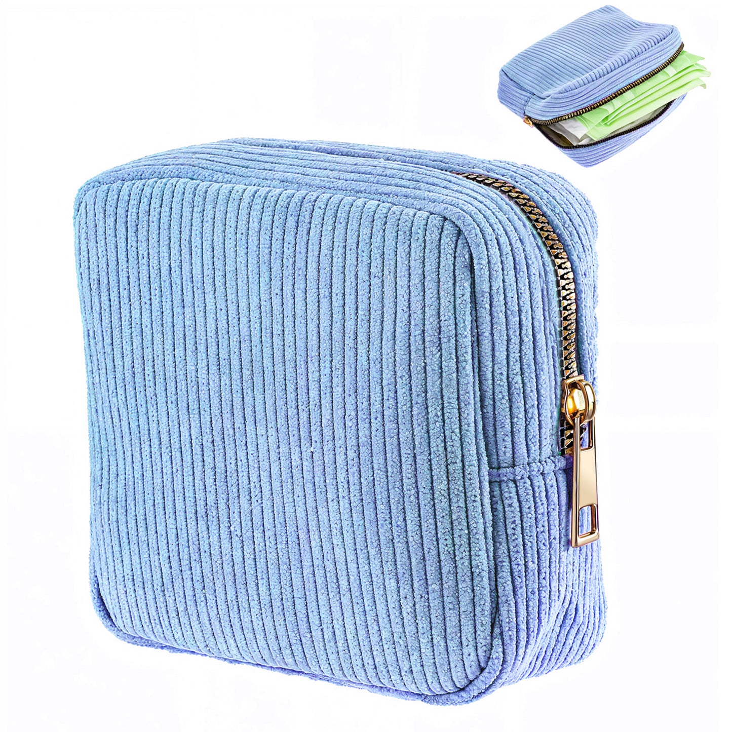 JIEYAO Corduroy Sanitary Napkin Storage Bag, Portable Period Bag for Teen Girls, Cute Period Pouch Soft Menstrual Cup Pouch Menstruation First Pad Bag Tampon Holder for Women (Blue)