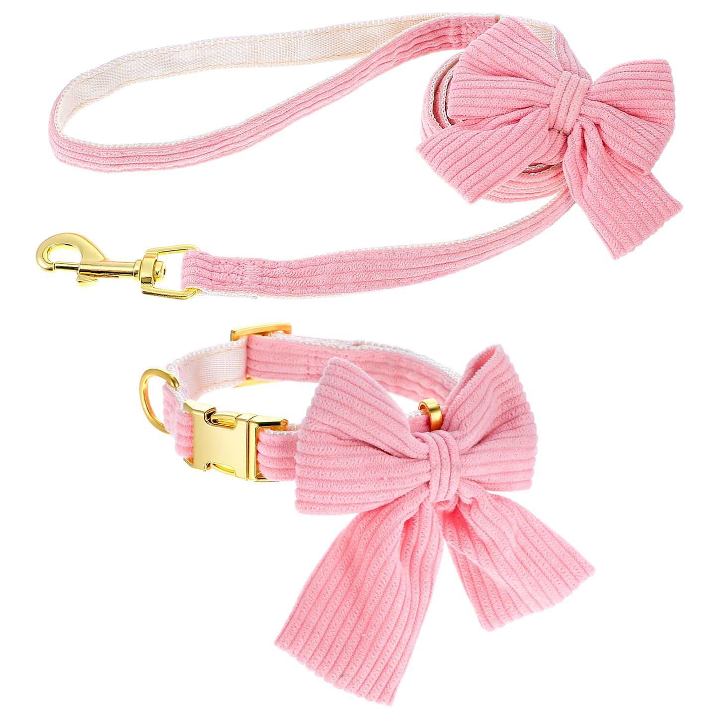 WJIAAA Dog Collar and Leash Set with Bowtie, Pink Cute Girl Dog Collars Bow Metal Buckle Adjustable Corduroy Dogs Collar 10‘’-16‘’for Small Medium Puppy Dogs with 5 FT Leash Pink S