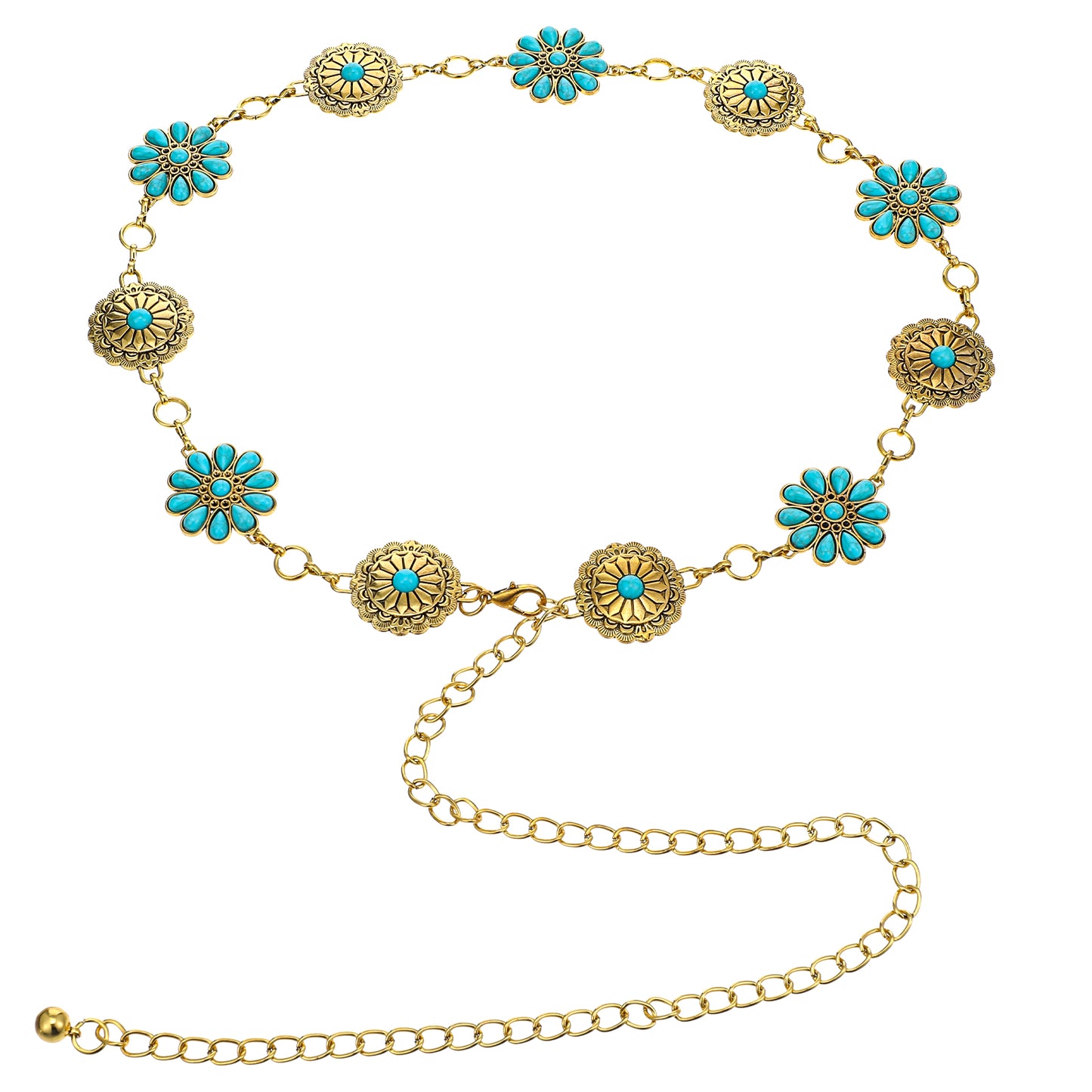 JIEYAO Turquoise Concho Chain Belt, Western Oval Waist Belt Adjustable Metal Cowgirl Belt for Women Country Concert Outfit
