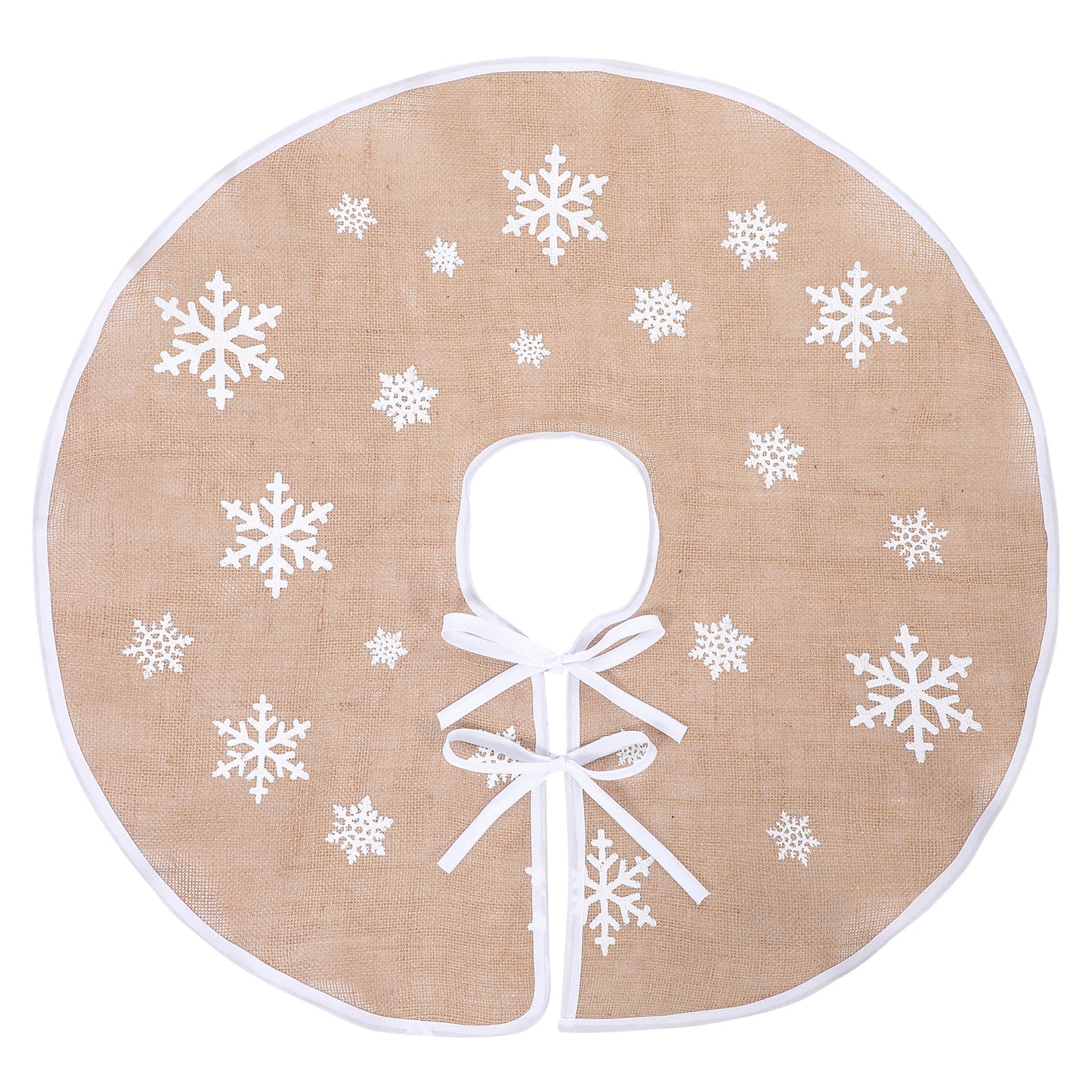 GEEHUA Christmas Tree Skirt, 77cm/30in Countryside Burlap Tree Skirt Jute Xmas Burlap Tree Skirt White Snowflake Printed Tree Skirt for New Year Holiday Decorations for Farmhouse Indoor Outdoor