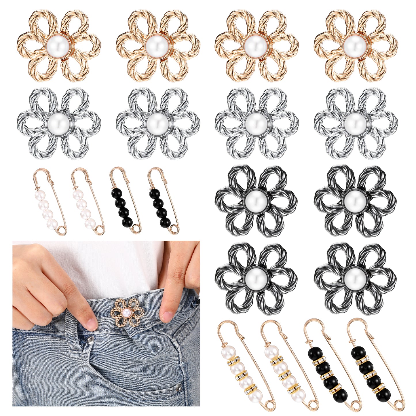 MBAIYO 20 Sets Pant Waist Tightener for Women, No Sew Metal Button Tighteners Flower Buttons Pins Waist Cincher Clips Reusable Metal Pearl Brooch Decoration Accessories for Loose Jeans Pants